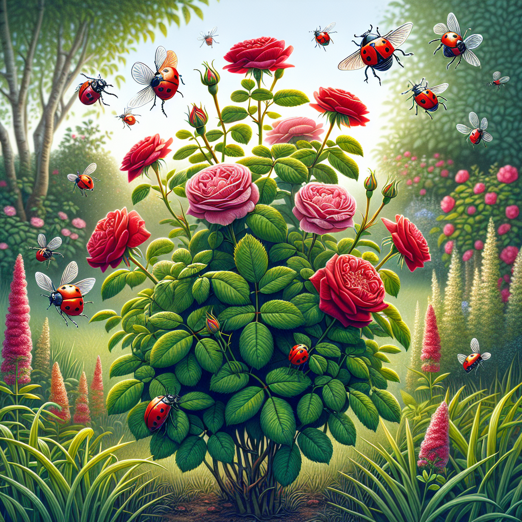 An image illustrating the theme of pest control in a garden setting. In the forefront, there are healthy, vibrant rose bushes, with lush red and pink blooms, green leaves, and thorny stems. Hovering above the bushes, provide a visual representation of beetles like ladybirds, around the plant but not on it, visually implying their repellence from the rose bushes. The beetles are in the process of flying away, showing the effect of the unspecified pest control method. The background is a lush garden, demonstrating nature in all its glory without the presence of any human characters or brands.