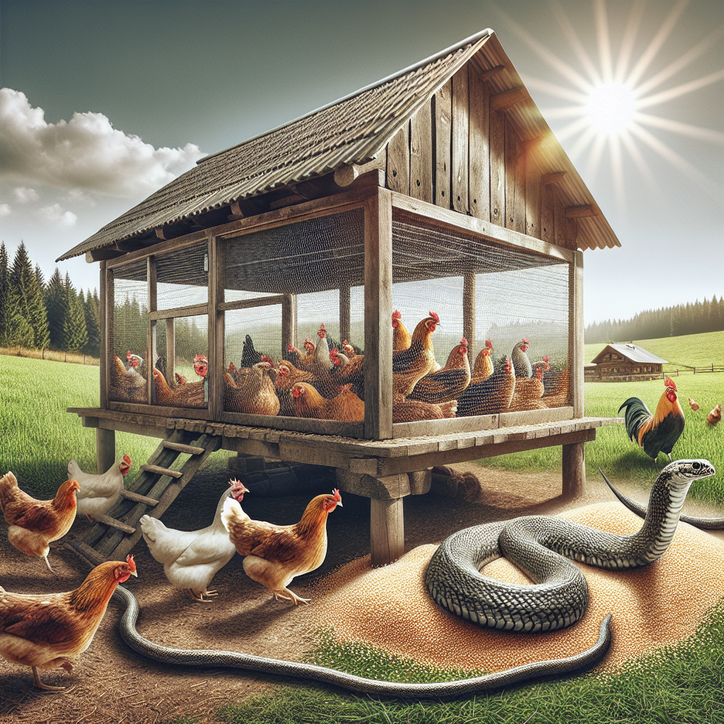 An image portraying a rustic chicken coop located in a lush green field. The chicken coop is structured with wire mesh and built on stilts. Chickens of diverse breeds are visible inside and outside the coop. Some of the chickens are pecking at grain on the ground. A snake is seen slithering away from the coop, repelled by some kind of protective measure - a ring of crushed eggshells or a sprinkler system activated by movement. The sky above is clear, featuring a radiant sun and a few scattered clouds. A forest outlines the distant horizon. No people, text, or brand names are present in the image.