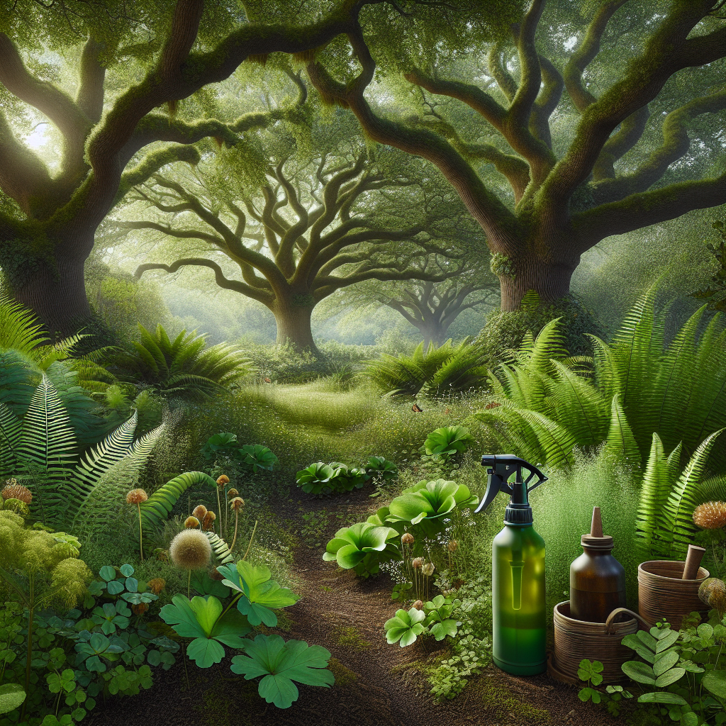An image representing a lush and serene shady garden under the canopy of large, healthy, and insect-free oak trees. The undergrowth is filled with shade-loving plants, ferns, and clover. An organic homemade pesticide spray bottle lies nearby. Oak galls, caused by Gall Wasps, are nowhere in sight, suggesting the success of prevention efforts. Neither people nor any textual elements are included in the composition. The entire scene is free from all brand names and logos, emphasizing natural themes and organic pest control methods.