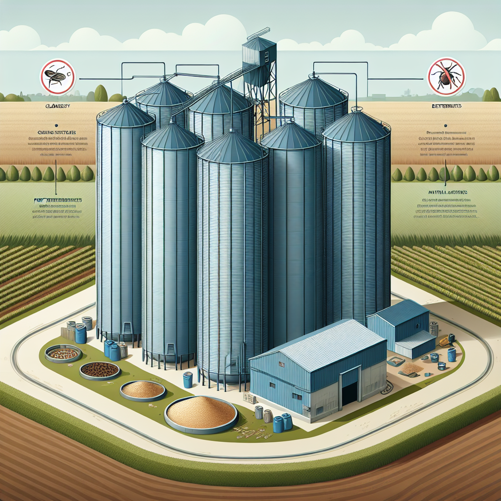 An agricultural scene demonstrating steps to prevent weevil infestations in silos meant for storing grain. The foreground shows a closed, modern grain storage silo, with minor detailing showing cleanliness and maintenance. In the mid-ground, there are generic pest traps and natural deterrents deployed around the silo. In the background, a cultivated field transitions into a clear sky, representing a safe and pest-free environment. No people, text, brand names, or logos are present within this illustration.
