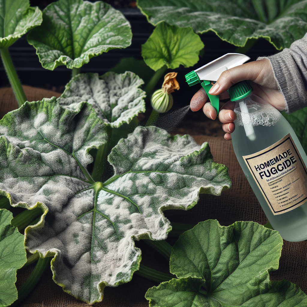 A close-up shot of squash leaves afflicted with powdery mildew, identifiable through their greyish-white, powdery appearance on their surface. In contrast, healthy squash leaves, bright green and spotless, can be seen nearby. A spray bottle filled with a generic, homemade fungicide solution made from water, liquid soap, and baking soda is pictured in the act of being sprayed onto the affected leaves. The focus of the image is on the action of treating the squash leaves, representing the theme of battling against plant diseases. All elements are free from text and brand logos.