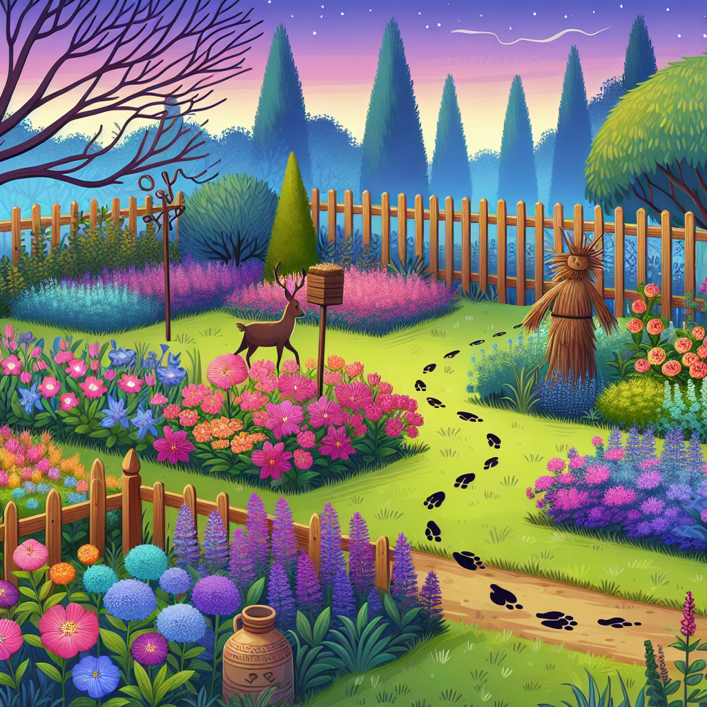 Illustrate a peaceful garden scene during spring where multicolored blooms fill the landscape. Include elements such as fences, scarecrows, or scent-filled bottles which are known to deter deer. Make it at dusk with hues of purple and blue lingering in the sky. Let there be traces of deer tracks leading out of the garden highlighting their deterring measures. No human or animal figures should be present. No text or brand symbols will be depicted on any items within the scene.