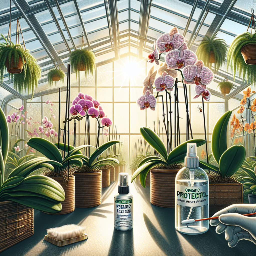 An illustrative scenario depicting a diverse range of healthy and vibrant orchids in an indoor greenhouse setting. To emphasize protection, depict some orchids being cared for using organic pest control methods: showing a safe, natural spray bottle, and a swab dipped in alcohol targeting tiny mealybugs on the leaves. Also, depict the leaves being cleaned with a soft cloth. Natural, diffused sunlight filters through the greenhouse windows, radiating the whole scene with a warm, inspiring light. Ensure the absence of people, brand names or logos in the image.