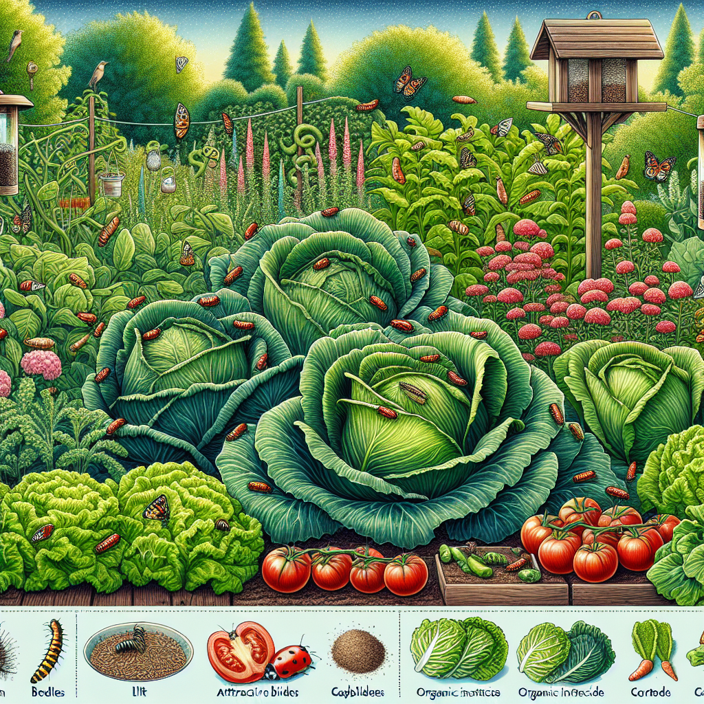 A detailed depiction of a vegetable garden brimming with various types of vegetables such as cabbage, lettuce, tomatoes, and carrots. Within the scene, a number of cabbage worms are seen, contrasted by the vibrant green backdrop of the garden. Additionally, a number of organic pest control methods are visible. These include bird feeders attracting predatorial birds, beetles, and ladybugs feeding on the cabbage worms, a lavish sprinkling of organic insecticide, and strategically placed row covers protecting the plants. There are no people, text on items, or brand names in the scene.