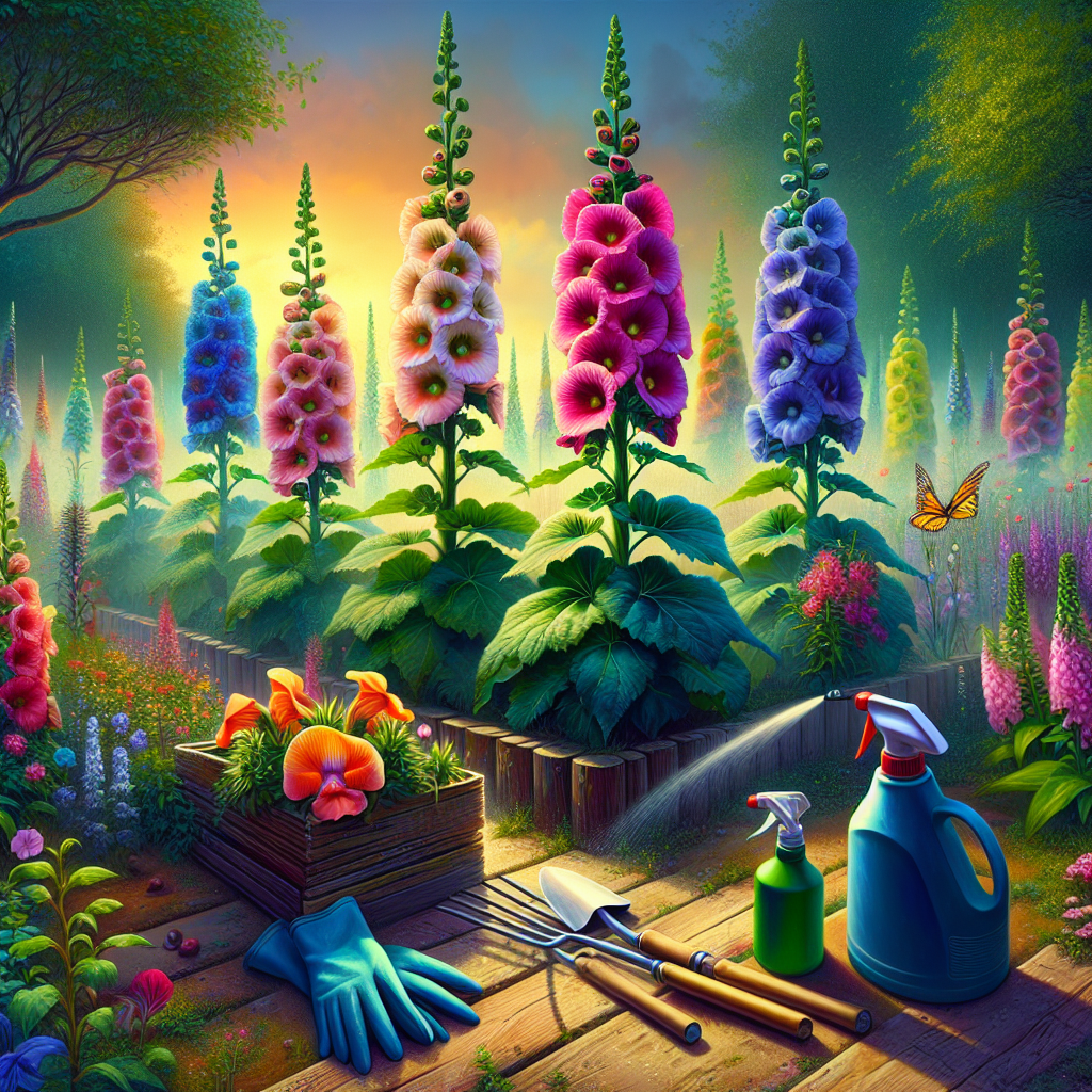 Generate an image without people that visually represents the prevention of rust on hollyhocks and snapdragons. The scene should include a healthy, thriving garden with both these flowers in vibrant colours. Hollyhocks should be tall and majestic, bearing large, colourful blooms, while snapdragons should be showing off their dragon-shaped flowers. Next to them, one can see garden tools, including gloves and a sprayer, implying ongoing care. There should not be any text, brand names, or logos present in the image. The atmosphere should evoke a sense of meticulous and regular garden maintenance.
