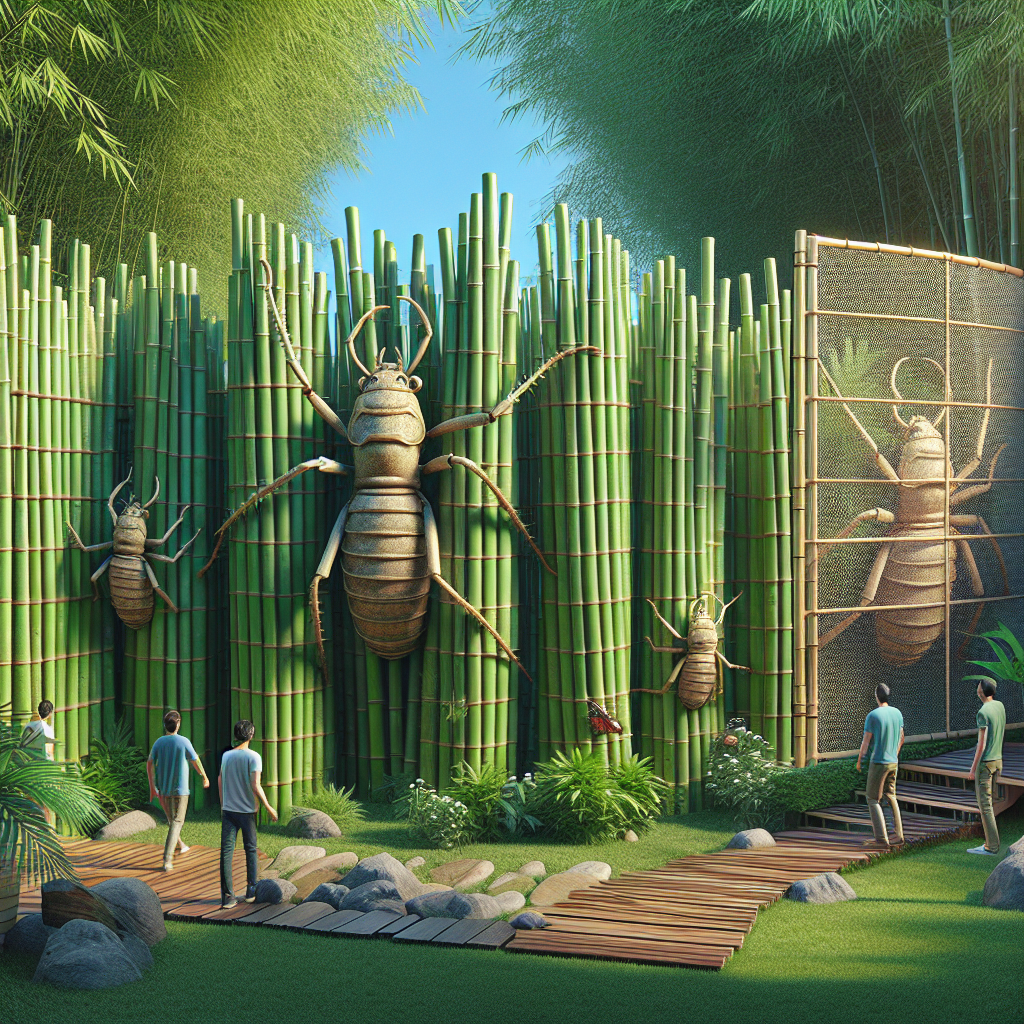 An image that would suit an article on protecting against bamboo mites in privacy screens. The scene is outdoor, featuring several bamboo privacy screens arranged in various orientations, possibly in a garden or yard. The bamboo stalks are vibrant green. A few bamboo mites, quite large for visibility's sake, are shown attempting to invade the privacy screens. However, various natural deterrents, such as predator insects and a barrier of some form of natural mite-repellent plant, protect the bamboo. Avoid including people, text, brand names or logos in this image.
