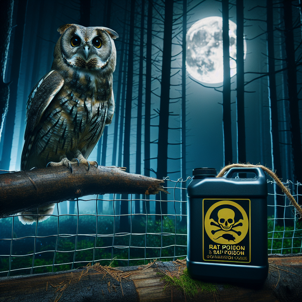 Generate an image that depicts the topic of keeping owls safe from rat poison, without incorporating any human figures or text. The scene captures an owl perched majestically on the branch of a nighttime forest, its eyes wide and alert. Nearby, there is an ominous-looking container marked with the universal symbol for poison, to represent rat poison. Additionally, the area around the poison is fenced off, illustrating the concept of prevention and safety for the owl.
