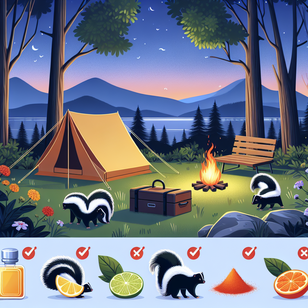 Illustrate a serene camping site during dusk, with a tent, a campfire, and an untouched nature surrounding it. Near the site, show a couple of skunks being repelled by a natural deterrence, such as citrus peels or a line of chili powder. Display clear visual indicators to indicate that these items are deterring the skunks. Remember, the image should not have any human characters, brand logos, or text included.