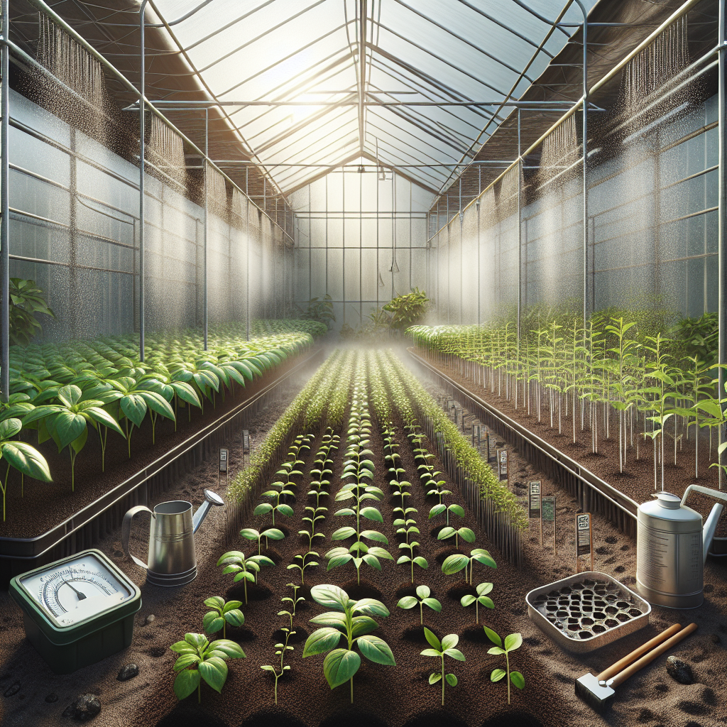 An image representing the prevention of seedling damping off in greenhouses. The scene shows a healthy, vibrant greenhouse interior filled with rows of flourishing seedlings standing tall. The air is humid but well-circulated, signifying a good environment for plant growth. On the ground, there are shallow trays filled with dark, rich soil where the seedlings are planted. Near the seedlings, important tools such as a watering can with fine holes for gentle watering and a hygrometer to measure humidity can be seen. The greenhouse is constructed of translucent material allowing sunlight to seep through, illuminating the interior.