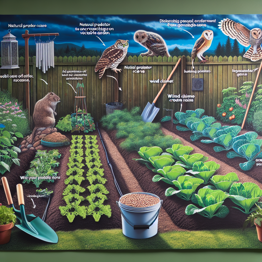 An instructive scene showcasing various strategies to deter gophers from encroaching on vegetable gardens, without the appearance of any humans. Highlight green, thriving vegetable beds, divided neatly in orderly rows. On the peripheries, visual cues of deterrents like a natural predator scare: an artificial owl perched on a fence post, and a wind chime creating noise. In the backdrop, portray non-branded tools like a spade & a bucket filled with garden-safe repellent pellets. The essence of the scene emphasizes a peaceful coexistence, demonstrating respect toward wildlife and reflecting sustainable, humane gardening practices.