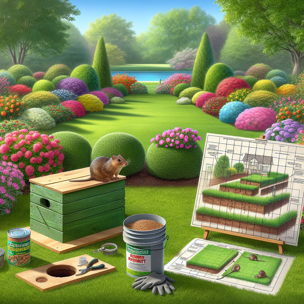 An idyllic lawn lined with colorful flowering bushes. On the lush green lawn, a wooden gopher trap is set up unobtrusively, camouflaged with the greenery around it. On the side, you can see a bucket with a pair of gloves and some gopher deterrent granules spilling out of an unbranded container. There's also a drawn-out blueprint of a lawn showcasing various gopher-prevention strategies. A gopher is curiously peeking out from a hole near the edge of the lawn, but the deterrents seem to be keeping it at bay. No humans or brands are visible in the scene.