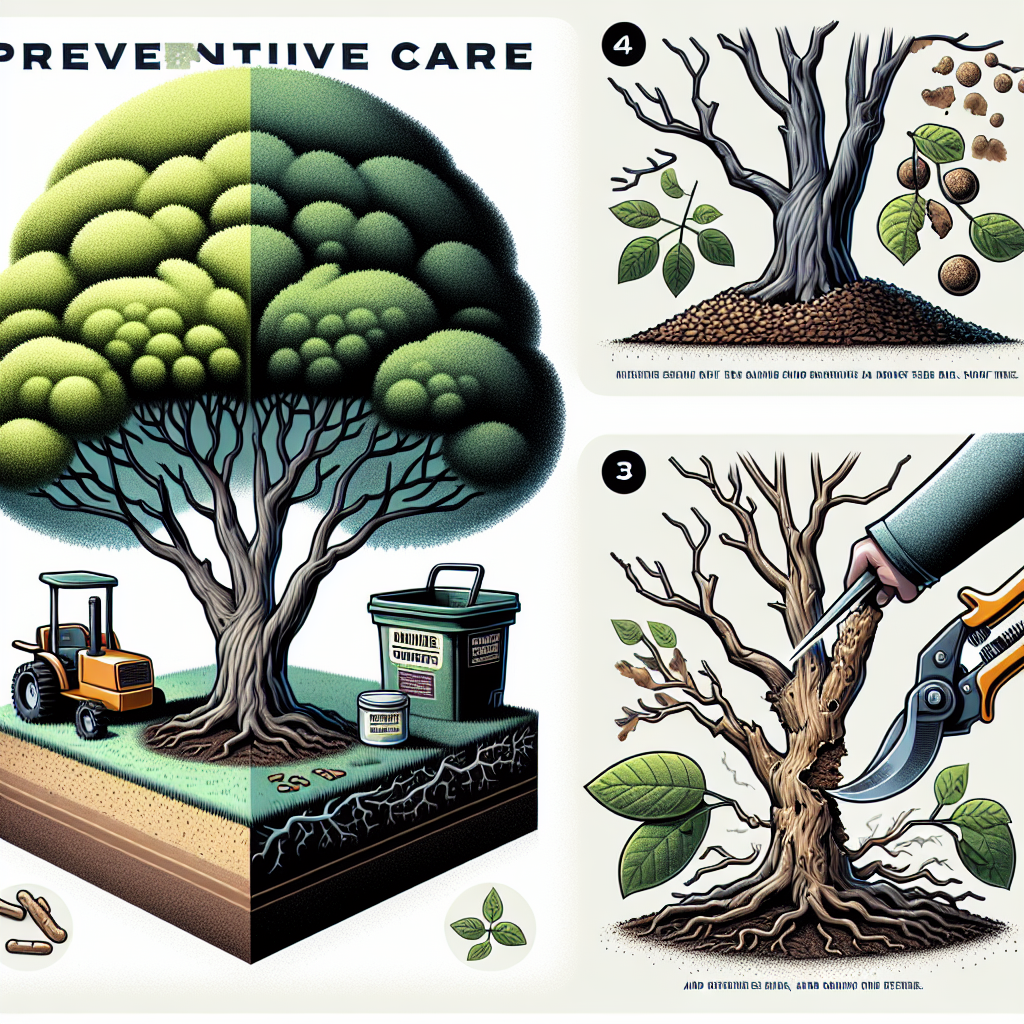An illustration displaying preventive care for shade trees. In the foreground, there's a strong, healthy tree with a thick, leafy canopy. Around the tree base, there's mulch and nutrients being applied. Further away, depict a dying tree showing signs of canker disease with visible bark discoloration and peeling. In between, illustrate a pair of pruning shears cutting off a diseased branch carrying the canker. Make sure all the elements are devoid of any text, brand names, logos and the absence of people is maintained.