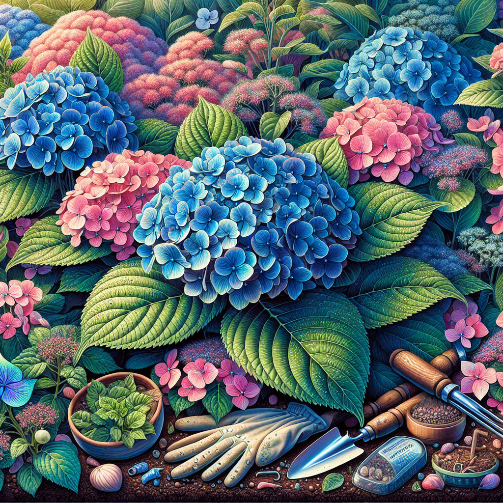A vivid, detailed image of flourishing, leafy hydrangea bushes blooming in an array of blues and pinks. Around the hydrangeas are various botanical defense mechanisms against Botrytis blight, including natural fungicides and companion plants. The scene is enriched with the depiction of dewdrops on leaves and petals, hinting at the adequate moisture and controlled environment to keep the plants healthy. Also depicted are gardening tools like gloves and a small trowel, laid carefully to one side, suggesting ongoing maintenance and care for these beautiful plants.