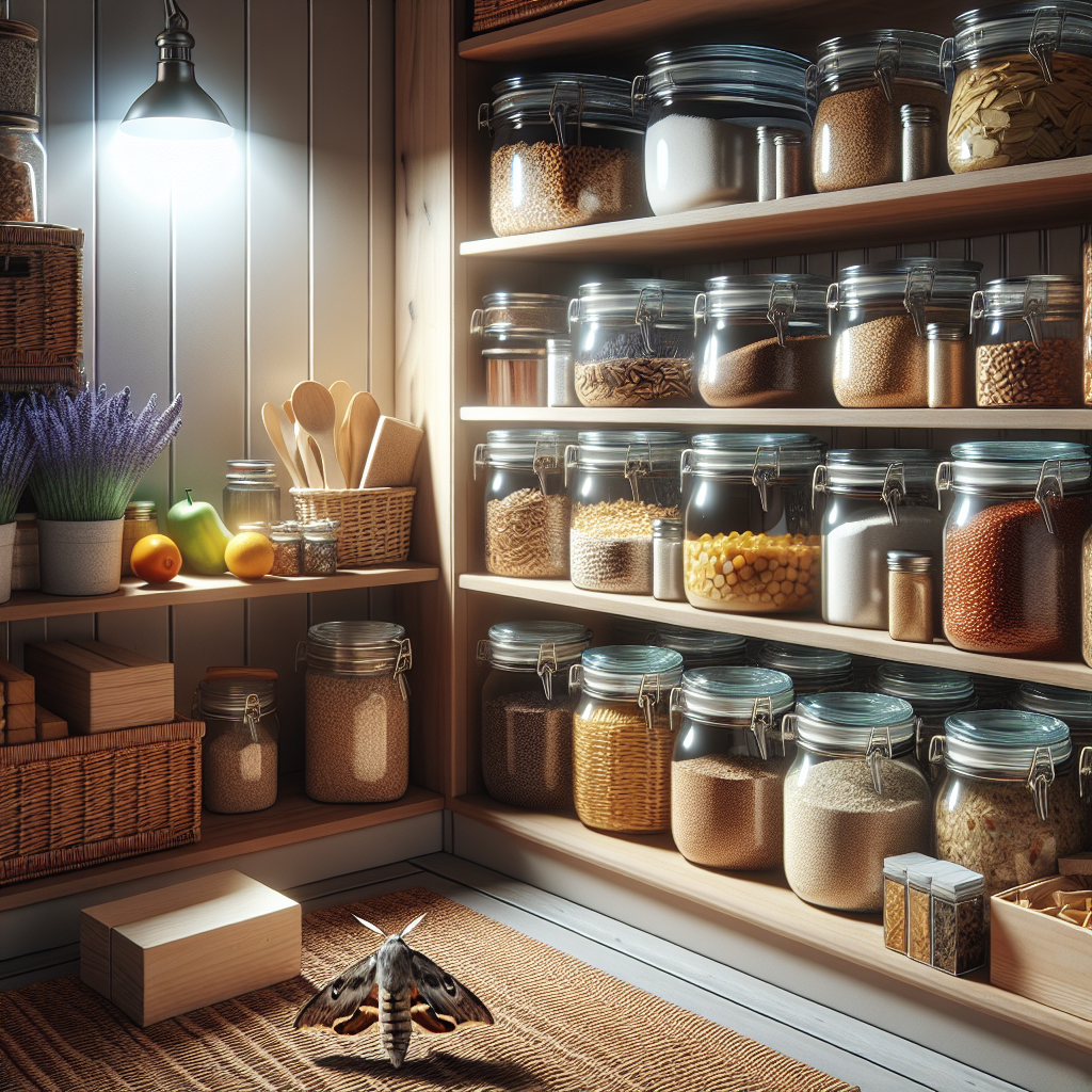 A well-lit pantry filled with a variety of food items like grains, canned goods, and baking ingredients all stored in clear, airtight glass containers. The area is equipped with cedar blocks and sachets of lavender which are known to be natural moth repellents. Moths are visibly kept away or trying to escape from the pantry. The environment is clean and orderly, clearly emphasizing a moth-free environment. Additionally, the moonlight piercing through a small window illuminates the entire scene, adding a calm and serene atmosphere.