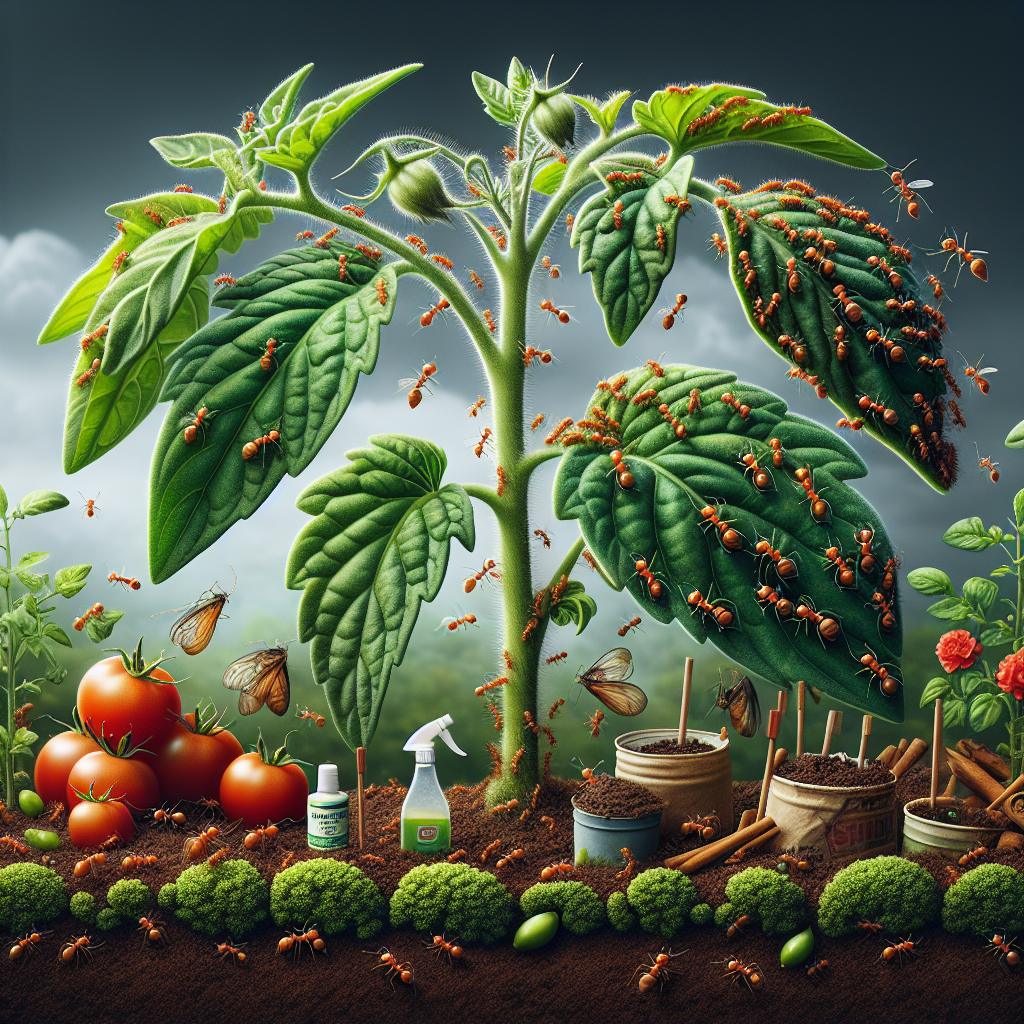 A close-up view detailing a dynamic garden landscape. On one side, red ants are depicted attempting to carry off aphids, their movements filled with determination. These tiny creatures have been farming on the leaves of a vibrant green tomato plant, which stands tall and banners its ripening fruits with strength. On the other side, a series of natural deterrents are placed strategically: a ring of cinnamon sticks around the plant base, a spray bottle of homemade peppermint solution, and small piles of used coffee grounds randomly distributed. The atmosphere is one of a battleground, minus human intervention.