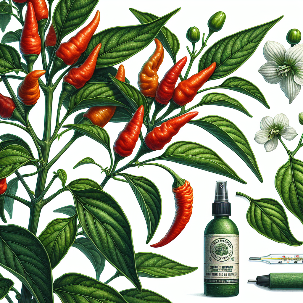 A detailed, botanical illustration of a hot pepper plant, vivid green leaves spread out in full bloom. Close shots of some of the peppers, their surfaces glossy and smooth, dyed in hues of vibrant orange and fiery red. There are signs of delicate white blossoms on the verge of falling contrasted against the bold color of the peppers, representing blossom drop. Tools for plant care are also present: a spray bottle for misting, a small, unbranded bottle of organic, nourishing plant feed, and a reliable thermometer to keep track of temperature. No text, people, brand names or logos are present within this picture.