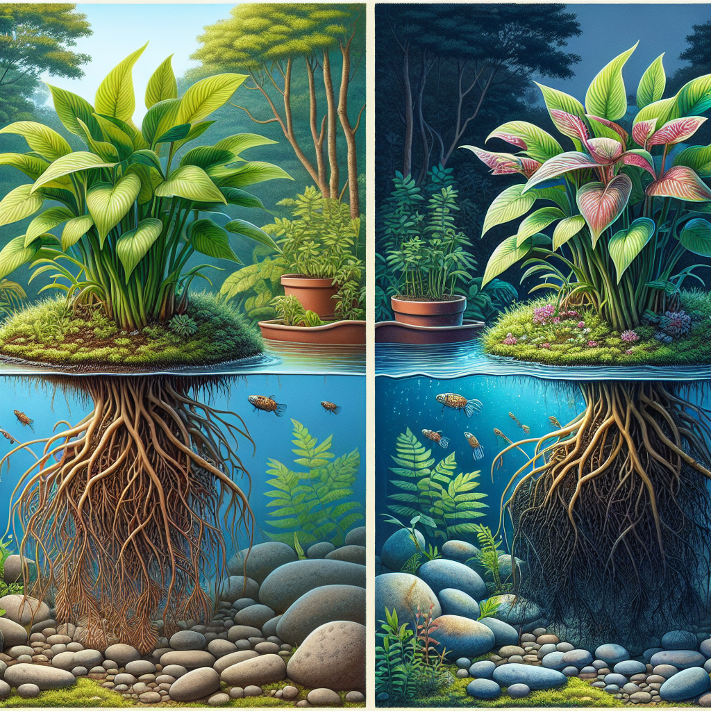 An informative image demonstrating the concept of root rot in aquatic plants without showing any human presence. The foreground dominantly features a healthy aquatic plant with vibrant foliage and sturdy roots nestled in a water-filled pot. Beside it, a contrasting image: an aquatic plant with withered leaves and blackened roots, indicative of root rot. Notably, there are no brand logos or text. In the background, natural elements like stones and water provide context of the aquatic environment. The scene is shaded with a palette naturally found in aquatic ecosystems - blues, greens, and browns.