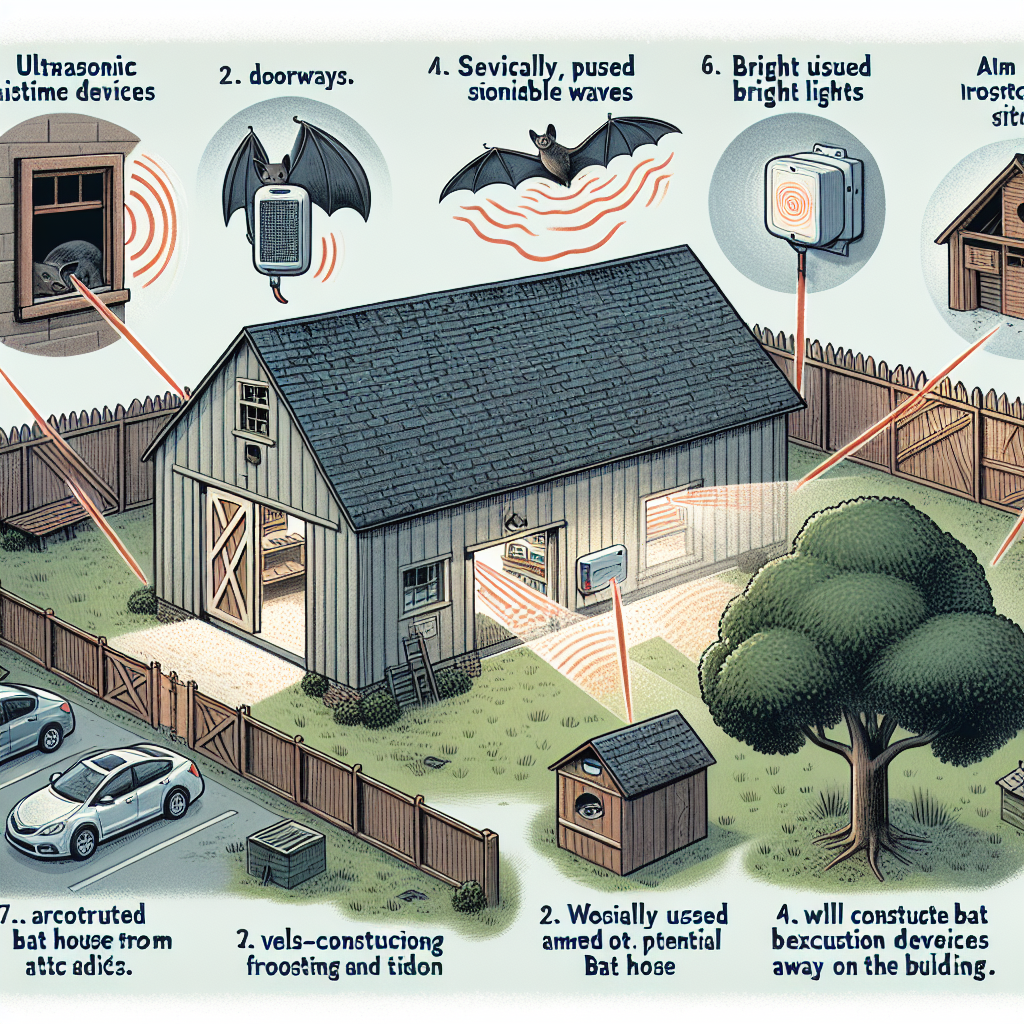 An educational scene showcasing various methods on preventing bats from entering attics and barns. Visualize an open barn and attic, with several popularly used deterrents in place. To illustrate, depict ultrasonic devices emitting invisible sound waves at doorways, strategically placed bright lights aimed at potential roosting sites, and a well-constructed bat house in a tree away from the buildings. Also show a properly installed bat exclusion device on a window. Note that all elements should be drawn in a non-branded, generic fashion with no human presence.