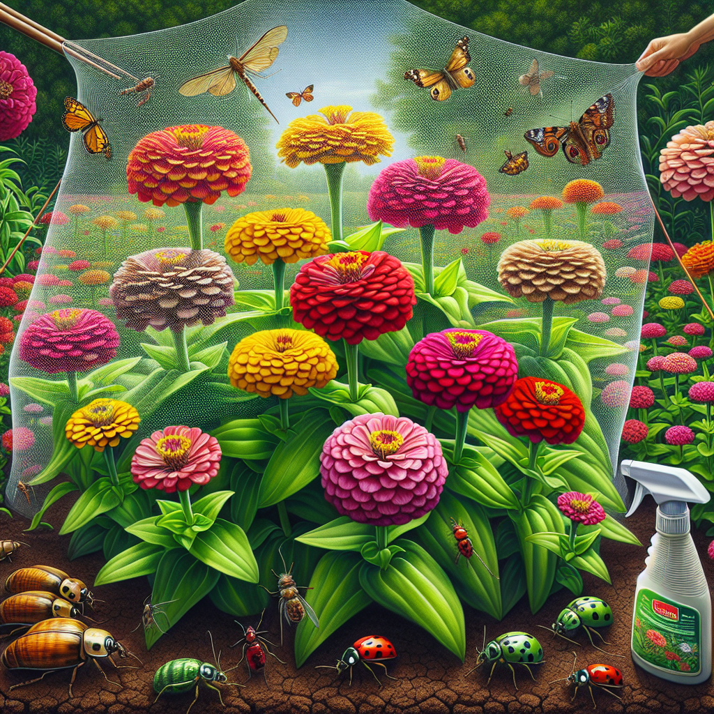 An invigorating depiction of zinnias in full bloom colorfully dotted with shades of red, yellow, and pink against a backdrop of verdant foliage. Protective meshing is covering the beautiful flowers, symbolizing the safeguarding methods applied against common pests. In the foreground, a few typical garden pests like aphids and beetles are depicted, kept at a safe distance. A spray bottle filled with an organic pesticide is placed subtly, showing a proactive approach to pest control. All the elements of the scene are devoid of text or brand names, emphasizing visual narrative.