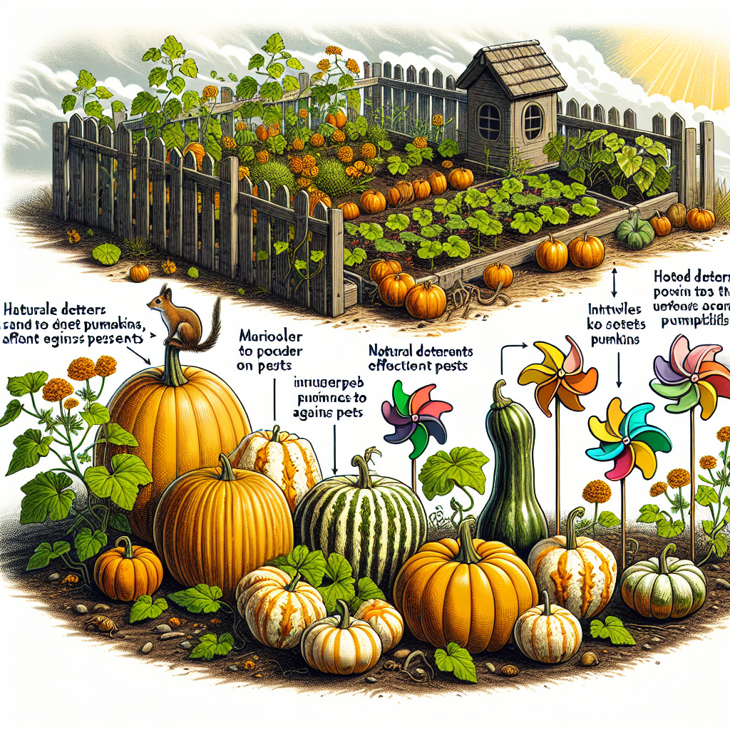 An illustration presenting a variety of gourds and pumpkins grown in a healthy garden, surrounded by natural deterrents effective against pests. Show the garden bordered by a small rustic wooden fence on which a curious squirrel is perched. Throughout the garden, intersperse different herbs like marigold and basil known to deter pests, along with pinwheels spinning in the wind which are known to irritate pest's movement patterns. Scatter some pumpkins, showing the breadth of shapes, and sizes of pumpkins and gourds. Ensure the inclusion of a clear blue sky overhead and soft sunlight highlighting the robustness of the gourds and pumpkins.