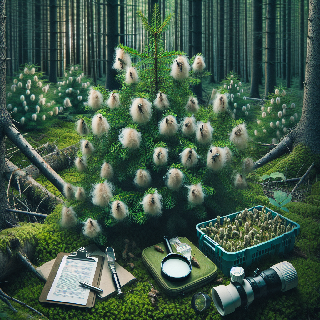 An image dedicated to the fight against the Woolly Adelgid pest on Hemlock trees. Picture a forest populated with lush, healthy Hemlock trees showcasing their dark green needles. On one of the trees in front, visibly affected by the pest, are small, fluffy, white masses representing Woolly Adelgids. Nearby, a field scientist's tools including a magnifying glass, a field book, and sample collection tools are on the ground, implying the ongoing countermeasure. No brands, logos or people are depicted. The image does not contain any text.
