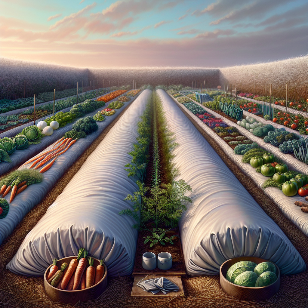 A detailed image showing a vegetable garden in the late afternoon. In the garden are a variety of vegetables like carrots, tomatoes and lettuce, thriving healthily. The sky overhead has a slight chill, hinting at incoming frost. The garden is protected by several frost protection tactics: A lightweight, floating row cover is lying slightly unfurled, ready to be spread out over the vegetables; straw mulch is scattered around the bases of some plants, retaining soil warmth; and a few water-filled containers are dispersed among the crops, designed to radiate heat during the night. The overall scene gives an impression of a proactive approach towards frost protection, even without the presence of people.