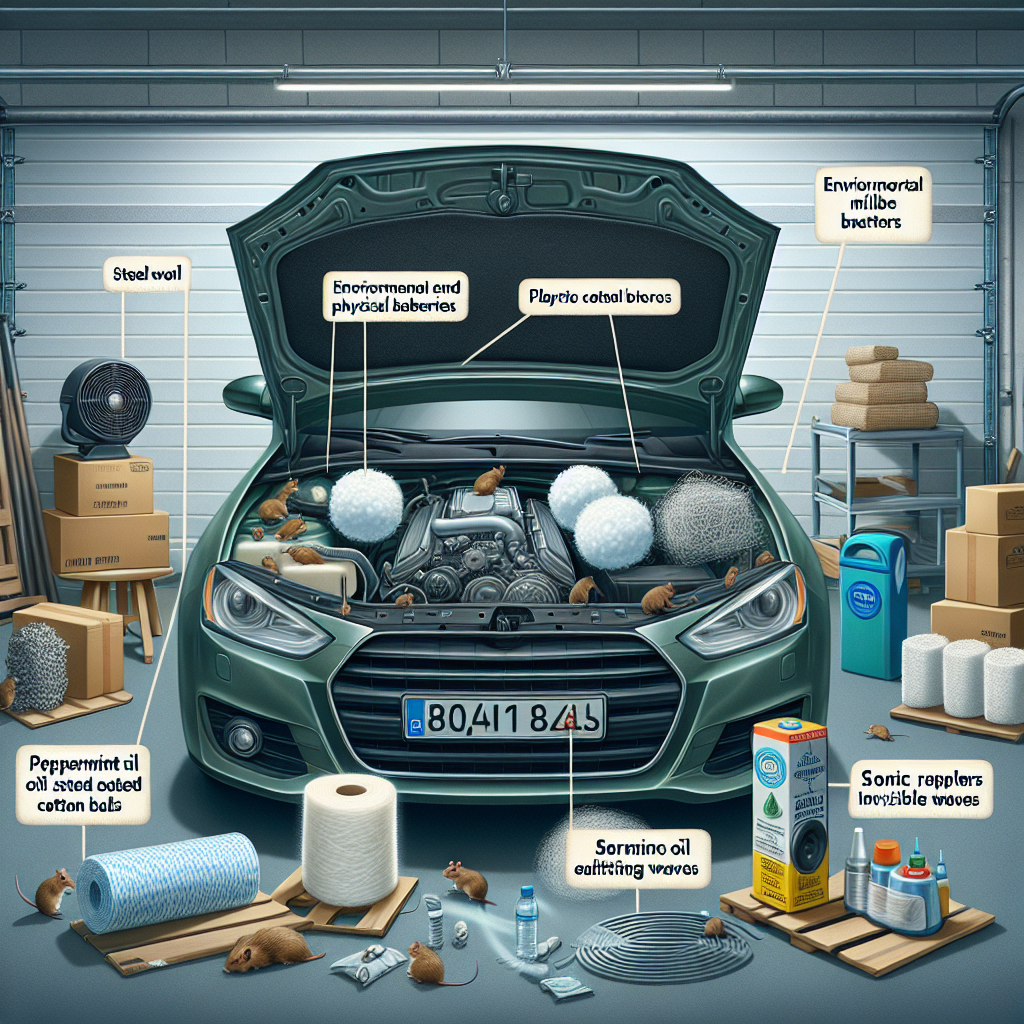 An image depicting a stored vehicle engine compartment with deterrent measures against rodents. Show environmental and physical barriers like plastic wraps, steel wool, and milky-white peppermint oil soaked cotton balls placed strategically around the engine. Also include some sonic repellers emitting invisible waves. The vehicle should be parked inside a clean, well-organised garage with tight-sealing garage doors. No people are present in the scene. The image should not have any text or brand names.