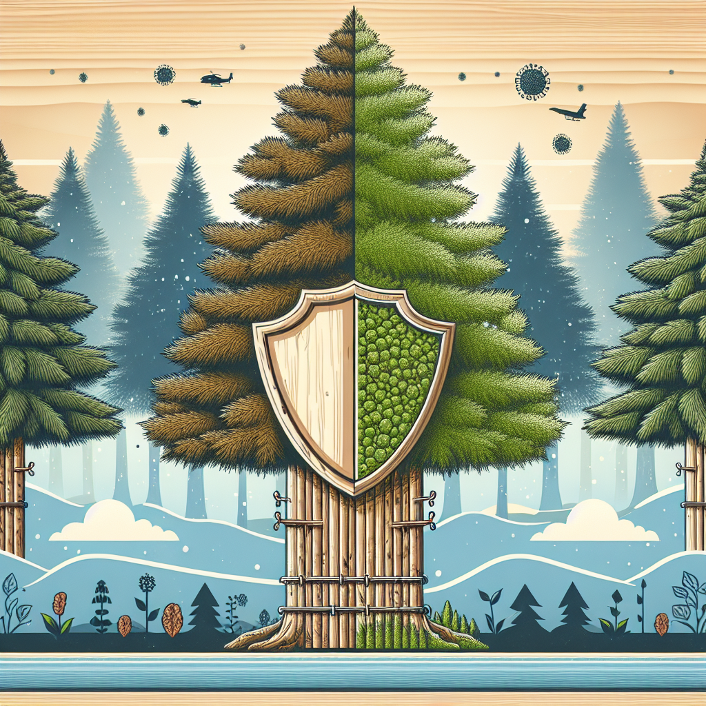 Create a detailed image that visually illustrates protecting cedar trees from cedar rust. Ensure the scene shows a healthy cedar tree on one side and a cedar tree affected by cedar rust on the other side. In the middle, represent some form of barrier or protection, such as a symbolic shield or a healthy boundary, between the two trees to signify protection and prevention. Please ensure the image does not include brand names, logos, text, or people.
