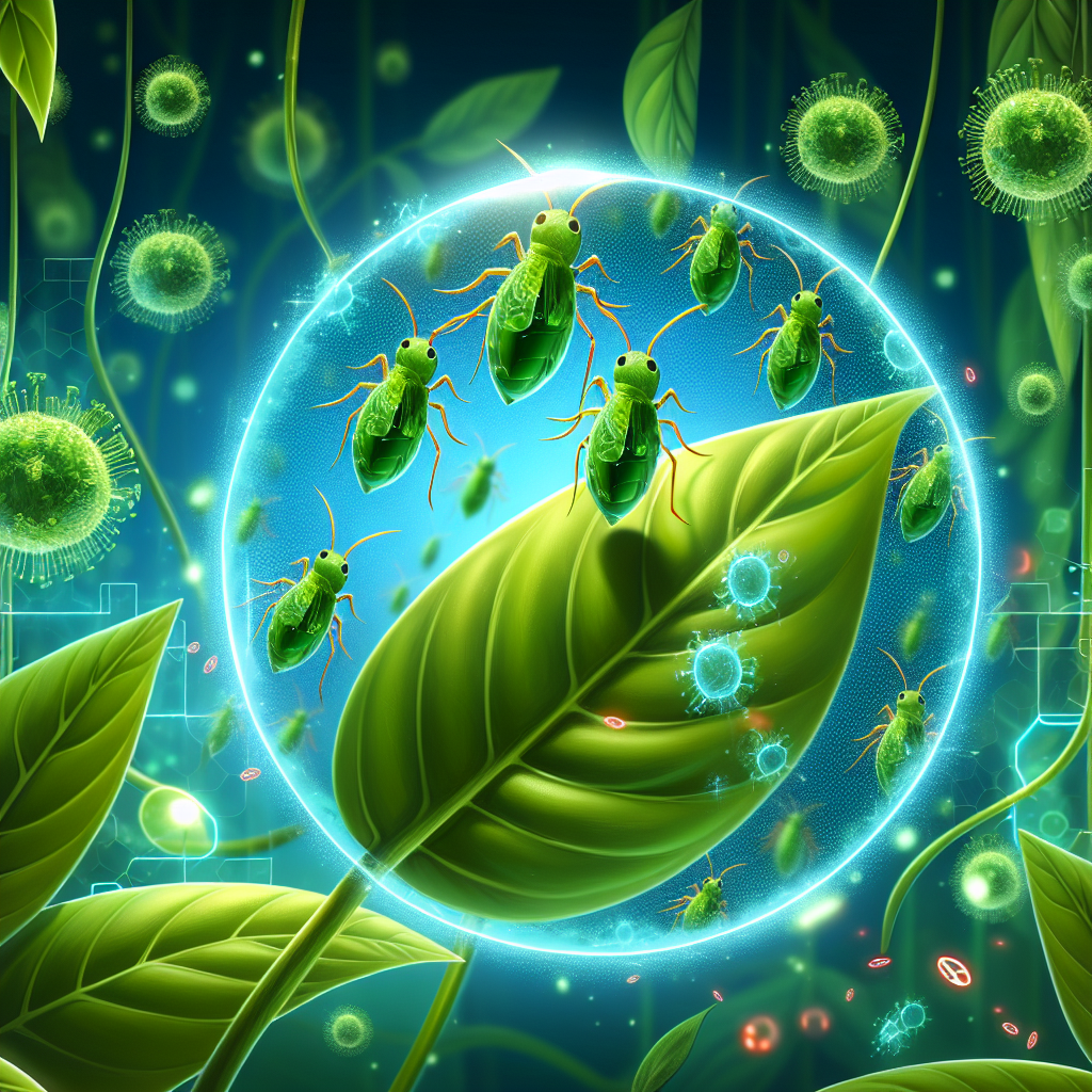 Illustrate a scene showing a microscopic view of vibrant green aphids on a lush plant leaf. Within this world, depict a barrier that symbolically represents the stoppage of virus transmission. This could be a glowing force field surrounding the plant, or notable molecules in the air that suggest resistance to the aphids' attempt to spread viruses. No humans, text, or brand identifiers should be included.