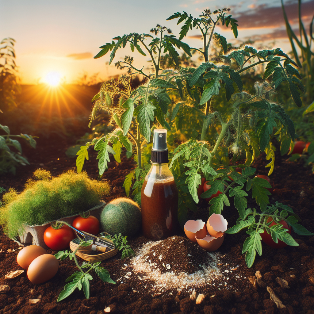 An image showcasing healthy, lush tomato plants against a sunset backdrop. Visible are vibrant green leaves without any signs of blight or disease. On the ground next to the plants, there lie a few homemade natural remedies, such as a spray bottle with a brown liquid (indicating a homemade fungicide), crushed eggshells, and a heap of compost. The scene captures the essence of sustainable gardening and emphasizes preventative measures taken to ensure the health of the plants.