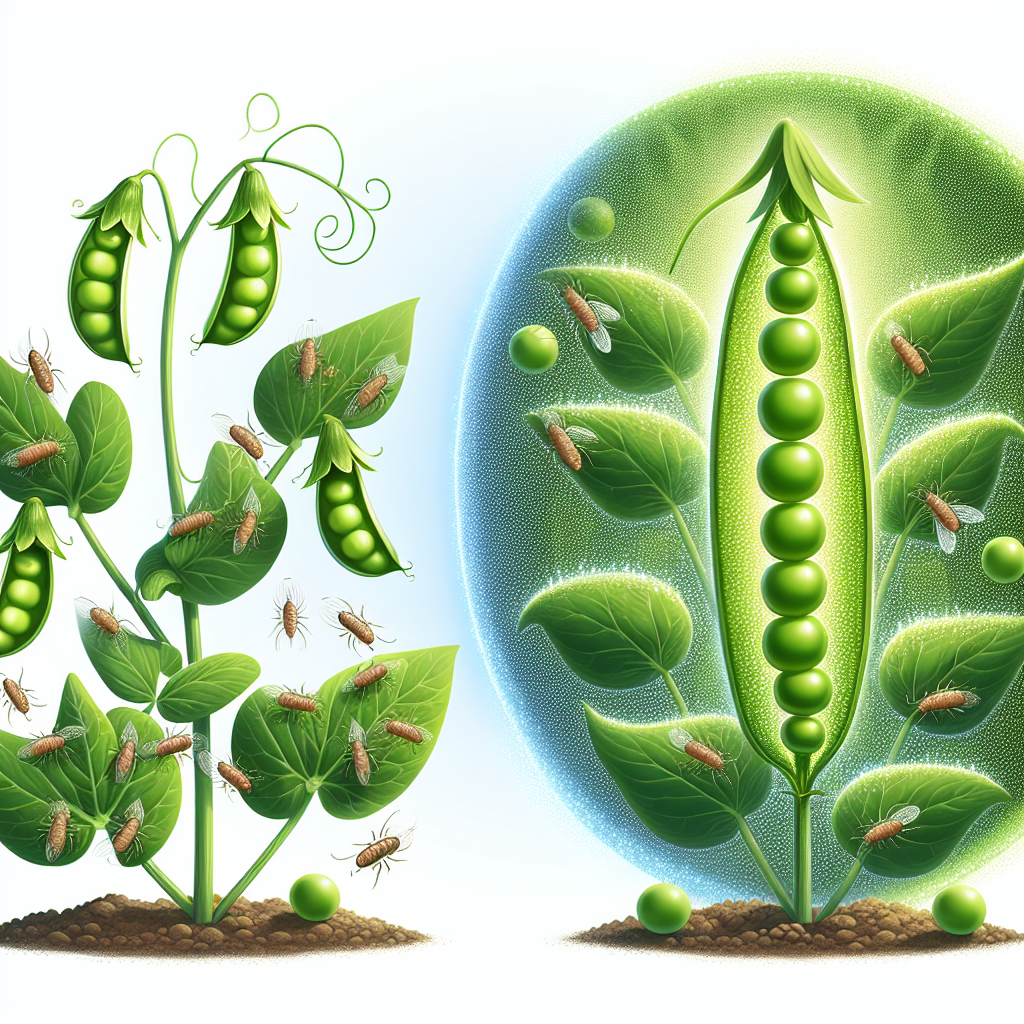 An informative illustration featuring a healthy, lush pea plant on the left side of the image. It's bright green with a myriad of plump peas nestled among the leaves. On the right side, a pea plant is shown infested with tiny aphid insects, faded and wilting. Between them, an ethereal barrier is depicted, representing protection methods - conceptualize this with the help of bright light or shimmering effect. No text, people, brand names, or logos are present in the image.