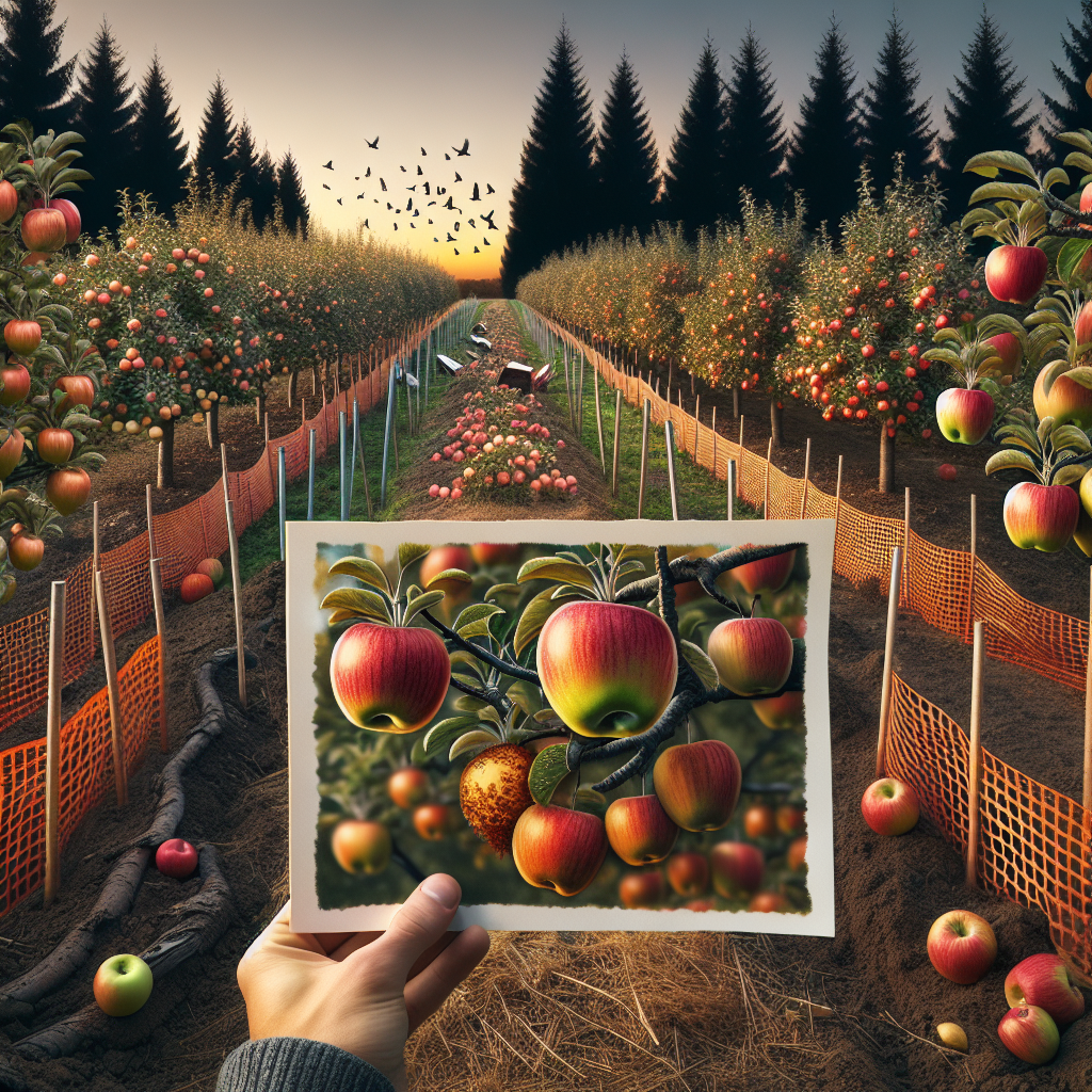 An visual representation of Cedar-Apple rust protection in action. Picture an orchard abundant with luscious apple trees in the middle of autumn. On the ground around the trees, barriers have been set up to catch falling fruit. In the distance, dark silhouettes of cedar trees can be seen. In the forefront, an up-close view of an apple tree, displaying both perfectly healthy apples and ones with signs of rusting on the surface. Additionally, some natural protective methods such as birds pecking at the rust on the apples can be included.