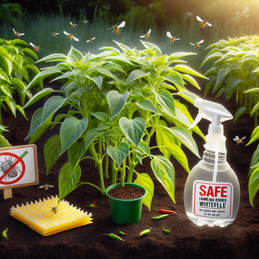 An image showing a vibrant garden filled with healthy, bright green pepper plants, beaded with morning dew. Whiteflies, identifiable by their tiny size, white wings, and yellow bodies, are hovering around some of the plants. On the ground near the plants, there are safe, homemade remedies for repelling whiteflies - one of the remedies is a spray bottle filled with soapy water, and another is a yellow sticky trap placed strategically near the pepper plants. These items are not branded and don't contain any text. The scene is sunlit suggesting a morning setting.