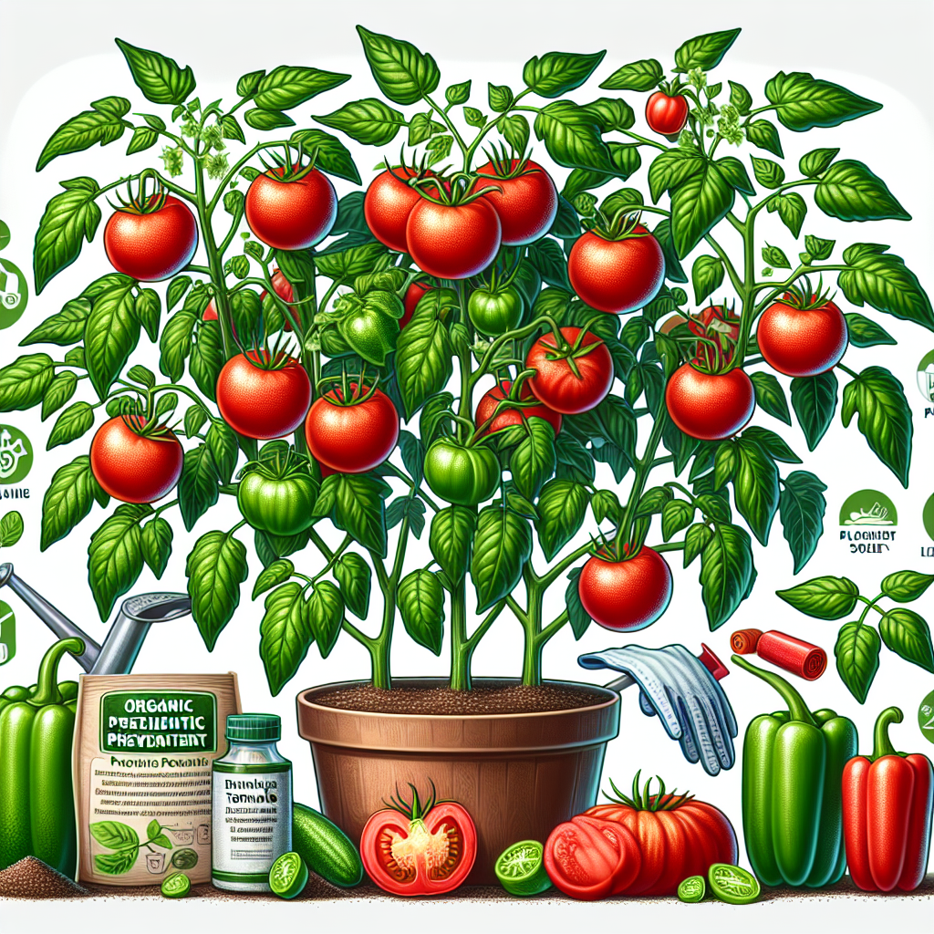 Illustrate a healthy garden scene with a group of thriving tomato and pepper plants. The tomatoes are plump and juicy, their healthy green tops contrasting with their ripe red bodies. The peppers exhibit a similar healthy glow, their bright green bodies no less enticing. All plants should be displayed without any signs of blossom end rot disease. The image should also include various organic preventive measures like a lime soil additive, gardening gloves, a watering can, and a small manual on plant care - all without any text or brand logos.