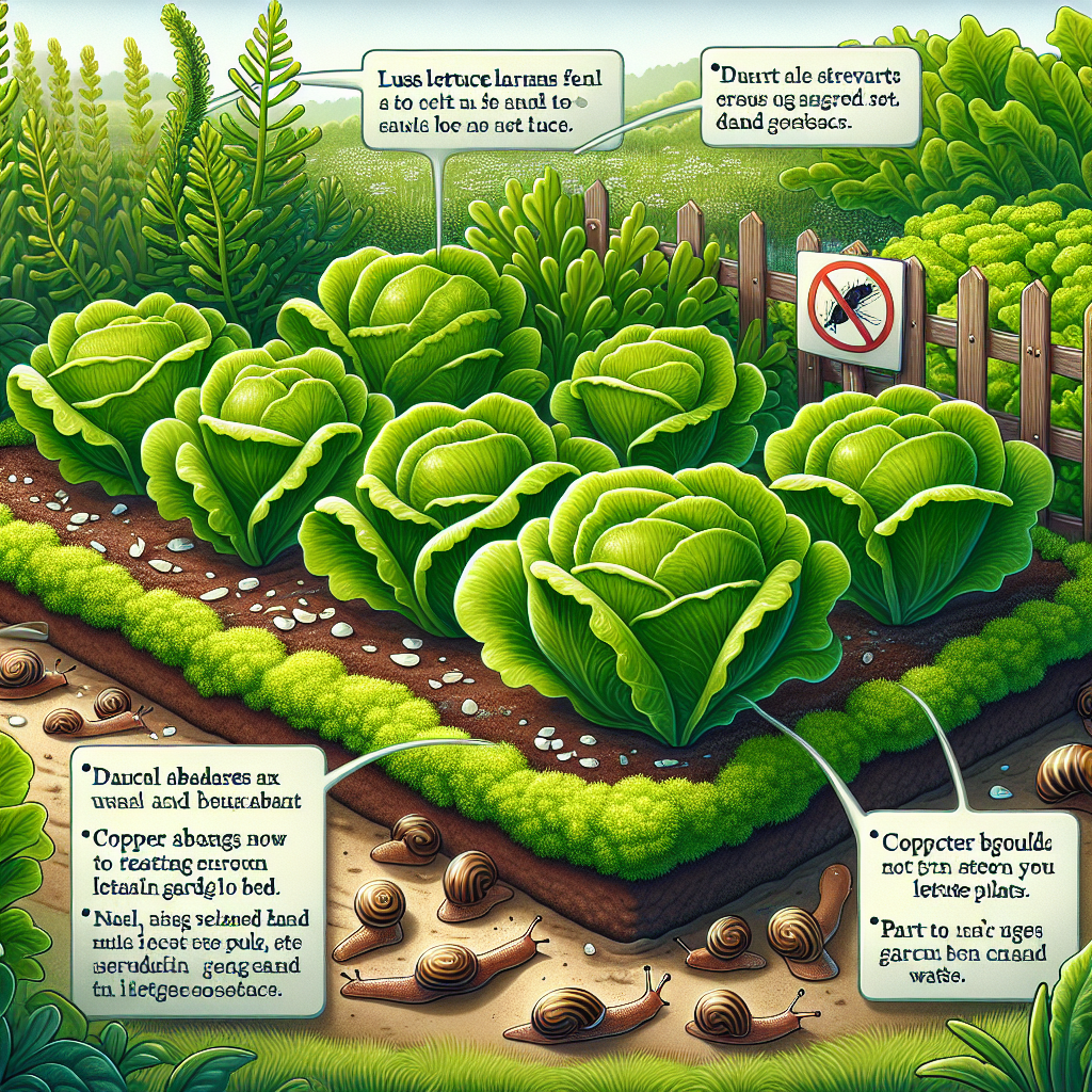 An image illustrating a garden scenario where diligent measures have been taken to deter slugs from feasting on young lettuce. The picture should depict lush, green lettuce plants thriving in a protected garden bed, exhibiting no trace of slug damage. Part of the garden bed's protection could include natural barriers such as crushed egg shells, copper bands, or a moat of water surrounding the lettuce plants. Nearby, slugs are turning away, deterring from feasting on the lettuce. Don't include any people or brand names, ensuring all elements are generic.