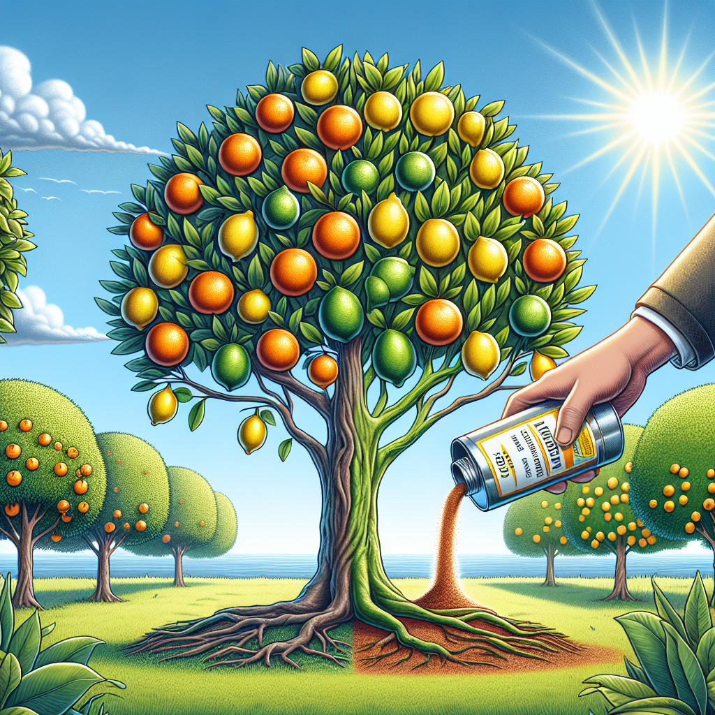 Create a detailed image representing the theme of 'Combating Iron Deficiency in Citrus Trees'. The picture should include elements such as a healthy citrus tree flourishing with vibrant oranges, lemons, limes against a backdrop of a bright sunny sky. Nearby, show a tree showing symptoms of iron deficiency - yellowing leaves, poor fruit yield. A hand is seen pouring chelated iron (without any specific branding or labels) around the base of the deficient tree. The environment should communicate a typical orchard or garden setting while ensuring there are no human figures or text present in the image.