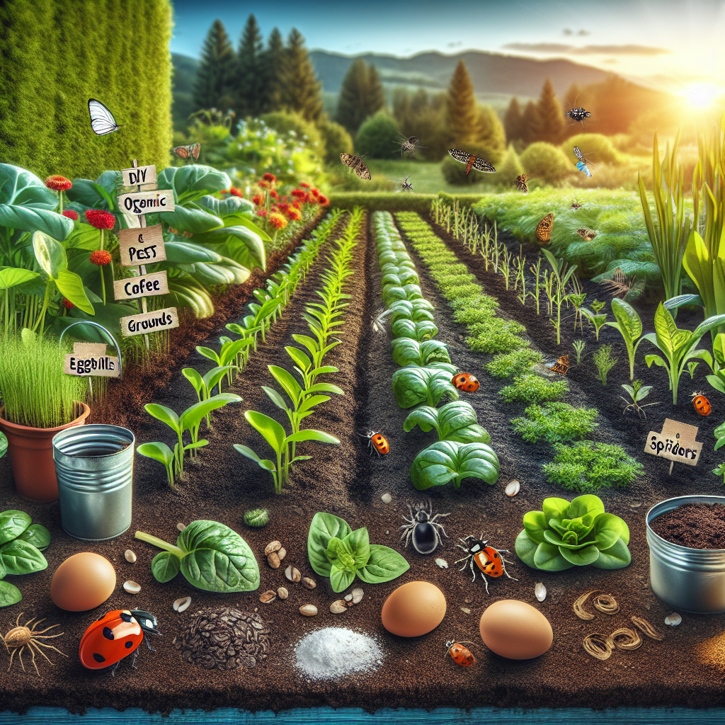 A vivid image of a well-maintained seedling bed in a lush garden. Neat rows of various healthy green plants gently sprout from the rich soil, and are protected by various organic and DIY pest deterrents, such as crushed eggshells and coffee grounds. Peppered around the garden, there are several plant friendly insects like ladybugs and spiders that are natural cutworm predators. All these elements combine to create a natural barrier against cutworms. The surrounding landscape is serene with a hint of a sunrise in the background. The image does not contain any human presence, text, or brand logos.