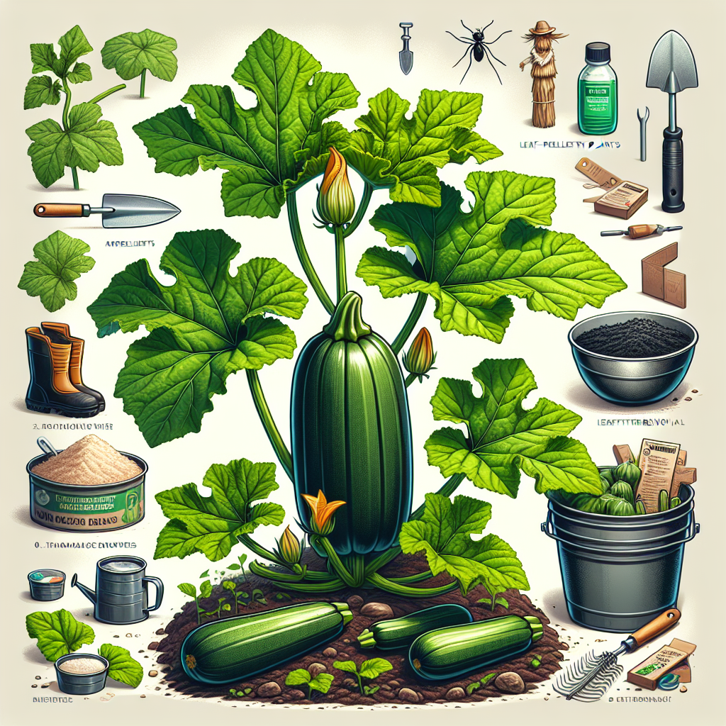 An image showing a vibrant zucchini plant flourishing in rich, fertile soil. The leaves are deep green, broad and full, with a few zucchinis growing as well. Close-by, there are signs of preventative measures against squash bugs - various natural repellents such as insect-repellent plants and DIY barriers. In the background, there's a scarecrow, leaf litter removal tools, a bowl of soapy water, and diatomaceous earth scattered around the plant, all commonly used methods to fend off squash bugs. All items present are generic, with no logos, brand names, text, or people.