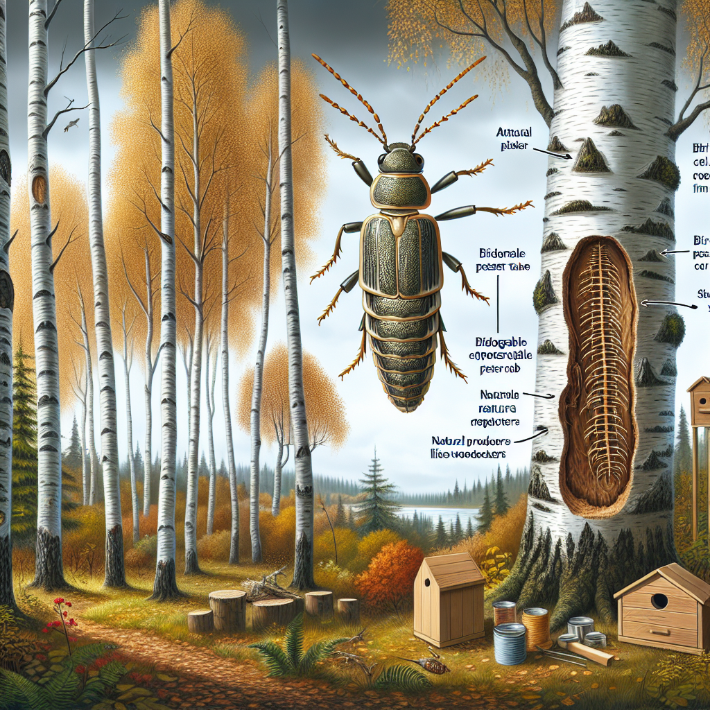 An educational image illustrating the process of protecting birch trees from bronze birch borers. The scene takes place in a small forest snuggled in an autumn setting. Tall, matured birch trees with characteristic white bark stand under the overcast sky. A detailed depiction of a bronze birch borer, with its elongated, metallic body and small pincers, is visible, aiming to highlight its destructive ability. Near the trees, various scientific deterrents are shown such as biodegradable pest control tape around tree barks and bird houses for natural predators like woodpeckers. No brand names, logos, or people are included in the image.