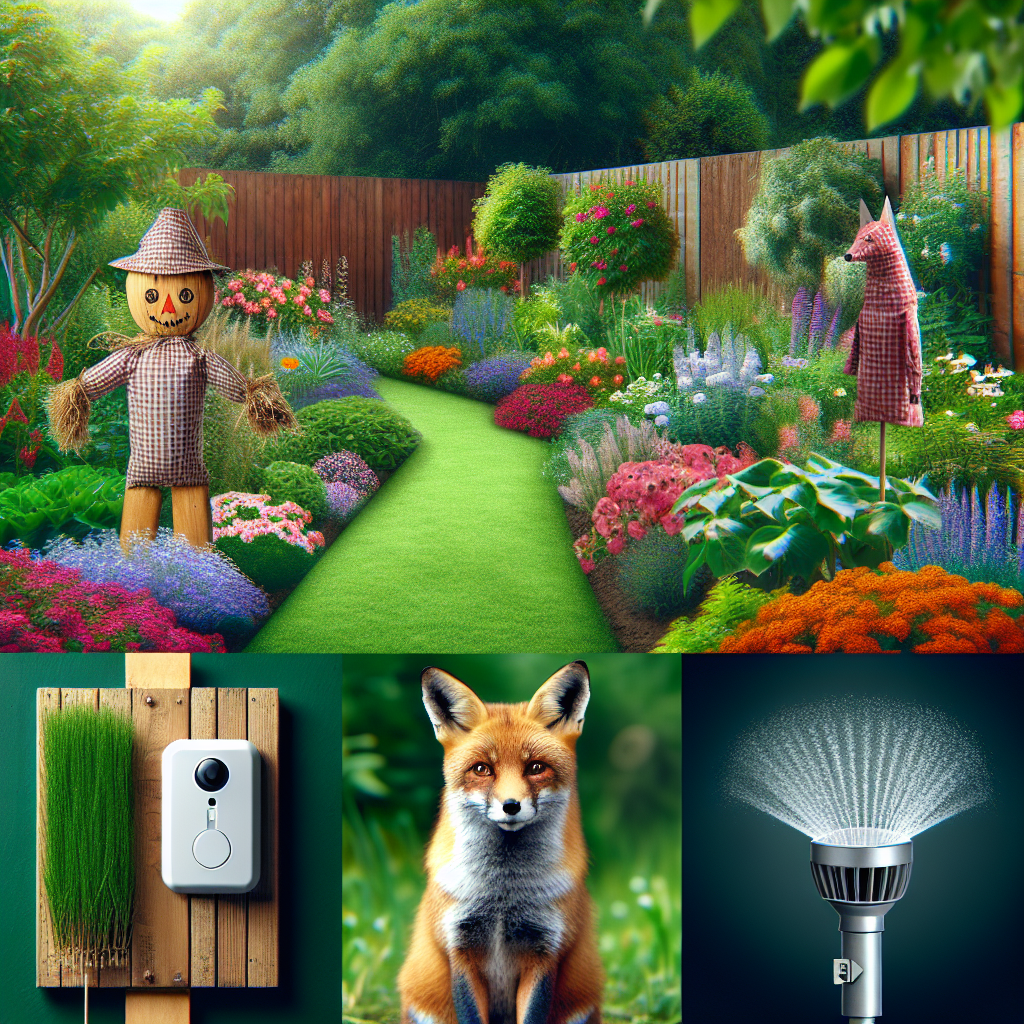 An image reflecting ideas to deter foxes from a garden, without displaying any people or textual content. Show a healthy, lush green garden with beautifully arranged colorful flowers and vegetations. On one side, a small wooden deterrent, not brand-specific, such as a scarecrow can be illustrated. Close by, there could be a water spray or a motion sensor light, also generic and unbranded. In the background, a fox could be seen, looking with curiosity but maintaining a respectable distance from the garden. No text, brand names, or logos should be present in the image.