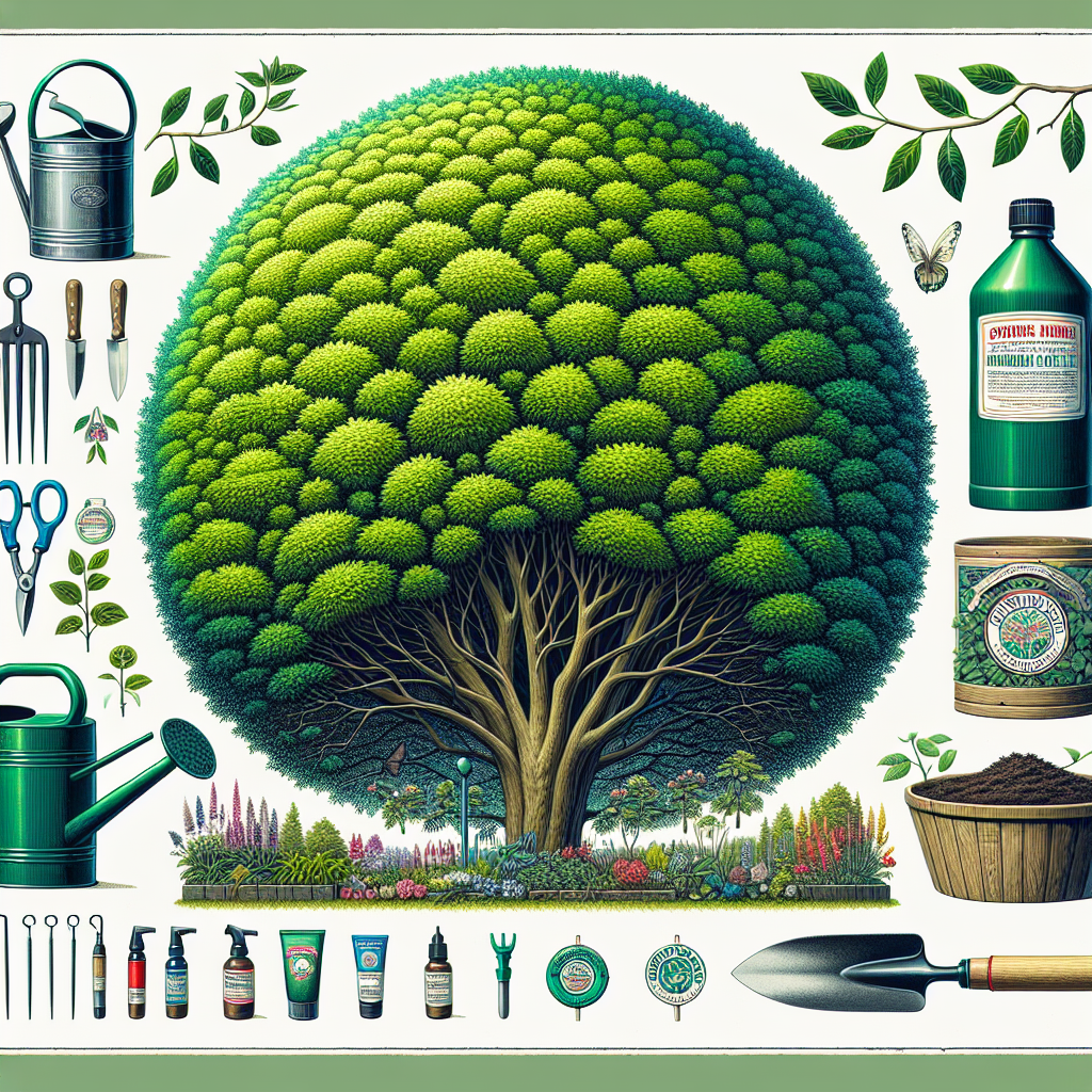 A detailed and colourful illustration showcasing a verdant, healthy shade tree at the center. The tree is full of bright green, leafy branches forming a massive and dense wall of foliage that provides cooling shade underneath. Around this majestic tree are smaller representative images: a watering can supplying generous portions of water, a bottle of generic, unbranded natural fungus killer, a pair of gardening shears trimming excess branches and a handful of healthy compost. The overall scene is one of tender care and devoted effort for maintaining the shade tree's health and preventing it from Verticillium Wilt.