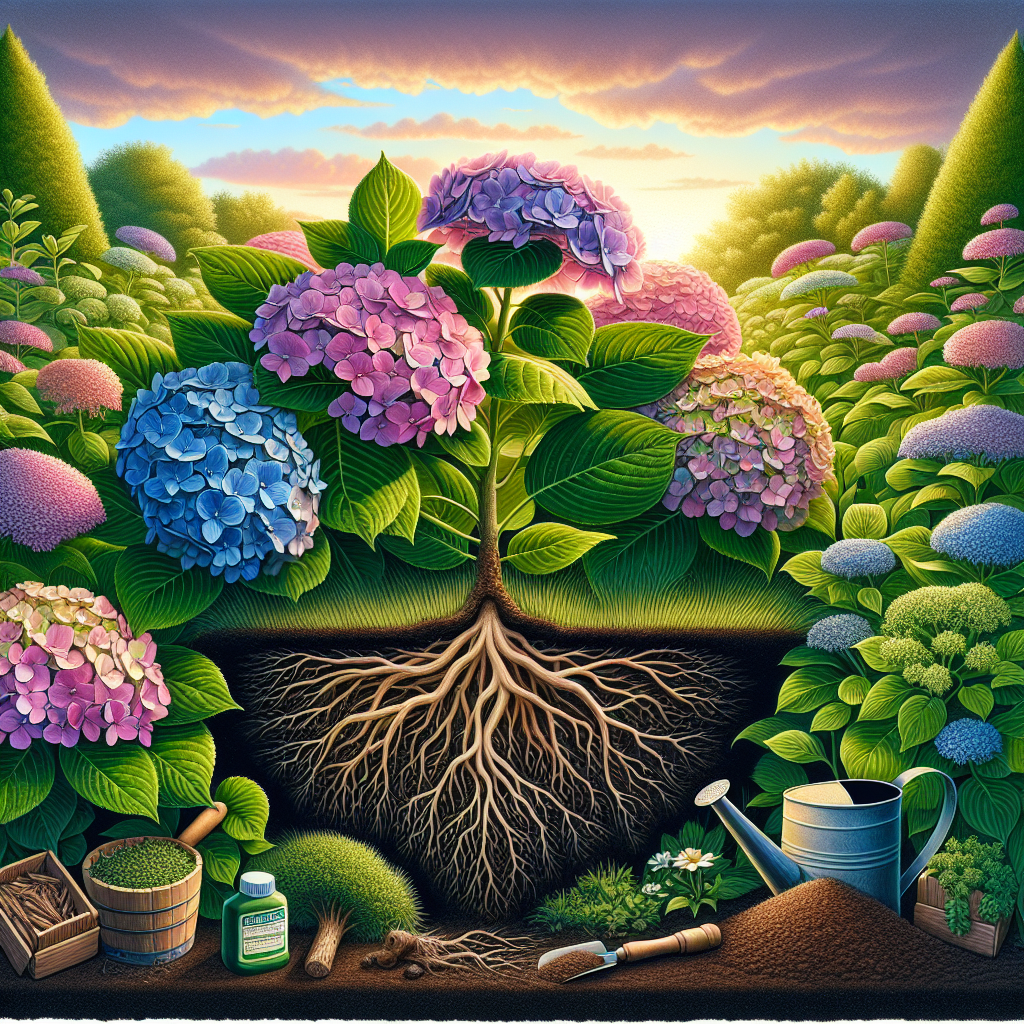 A detailed depiction of a lush green garden with healthy hydrangea plants, whose vibrant varying shades of pink and blue flowers contrasting against the green foliage is a treat to the eyes. One plant is split open to show a cutaway view of the roots, revealing no signs of root rot. Next to it are scattered natural remedies like compost, organic fertilizer and a watering can, symbolizing preventative and curative measures taken against root rot. The setting sun is casting a golden glow across the garden scene. All devoid of people, text, brand names, or logos.