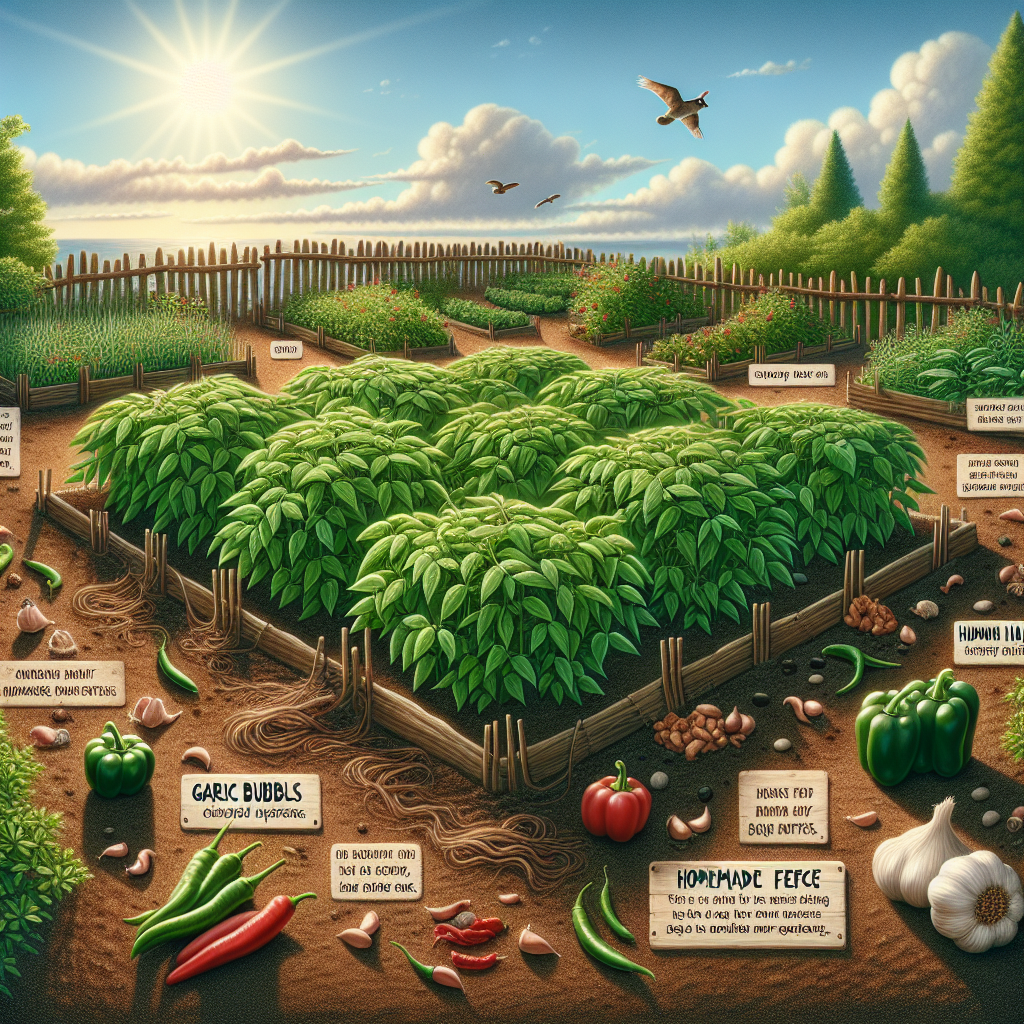 An educational illustration featuring a verdant vegetable garden filled with healthy bean plants set against a clear, sunny sky. Scattered among the plants are cleverly placed natural materials like garlic bulbs, peppers, and human hair acting as rabbit deterrents. Visible signs of soil manipulation and wooden structures depict homemade fences meant to keep the garden secure. No rabbits, people, brands, or text are seen in the image, just the garden and its rabbit-proof features. The focus is purely on tactics for protecting the bean plants from curious rabbits.