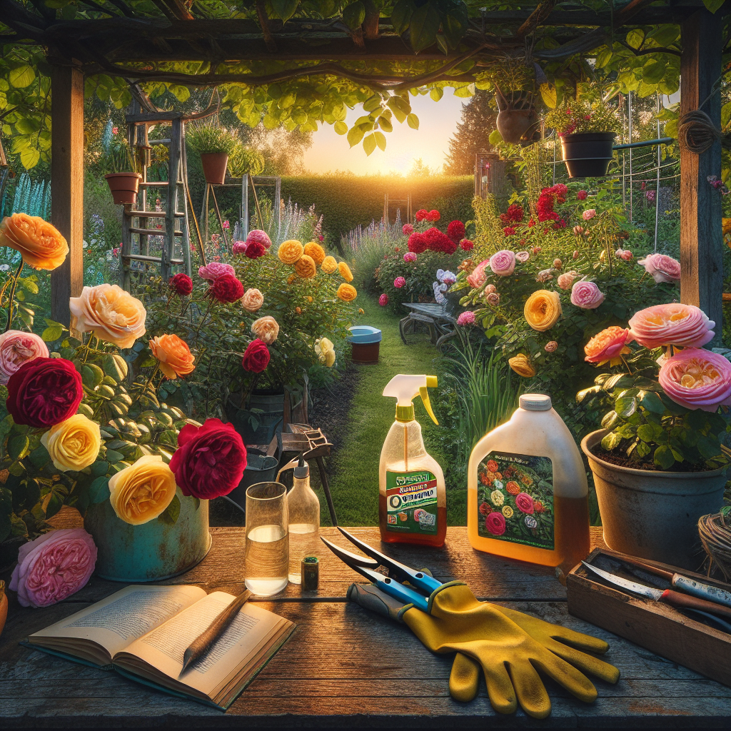 A vibrant garden full of beautifully blooming roses of various colors such as red, yellow, and pink. A sturdy wooden trellis supports some of the flowering plants. Protective gardening gloves are seen near a used organic fungicide bottle, spray, and pruning shears, placed on a rustic wooden table. The table is also adorned with a collection of books on plant health and pest control. The scene is set at twilight with the setting sun casting a soft orange glow over the serene landscape. There is no sign of blight affecting the flowers nor are there people, logos or brand names depicted.