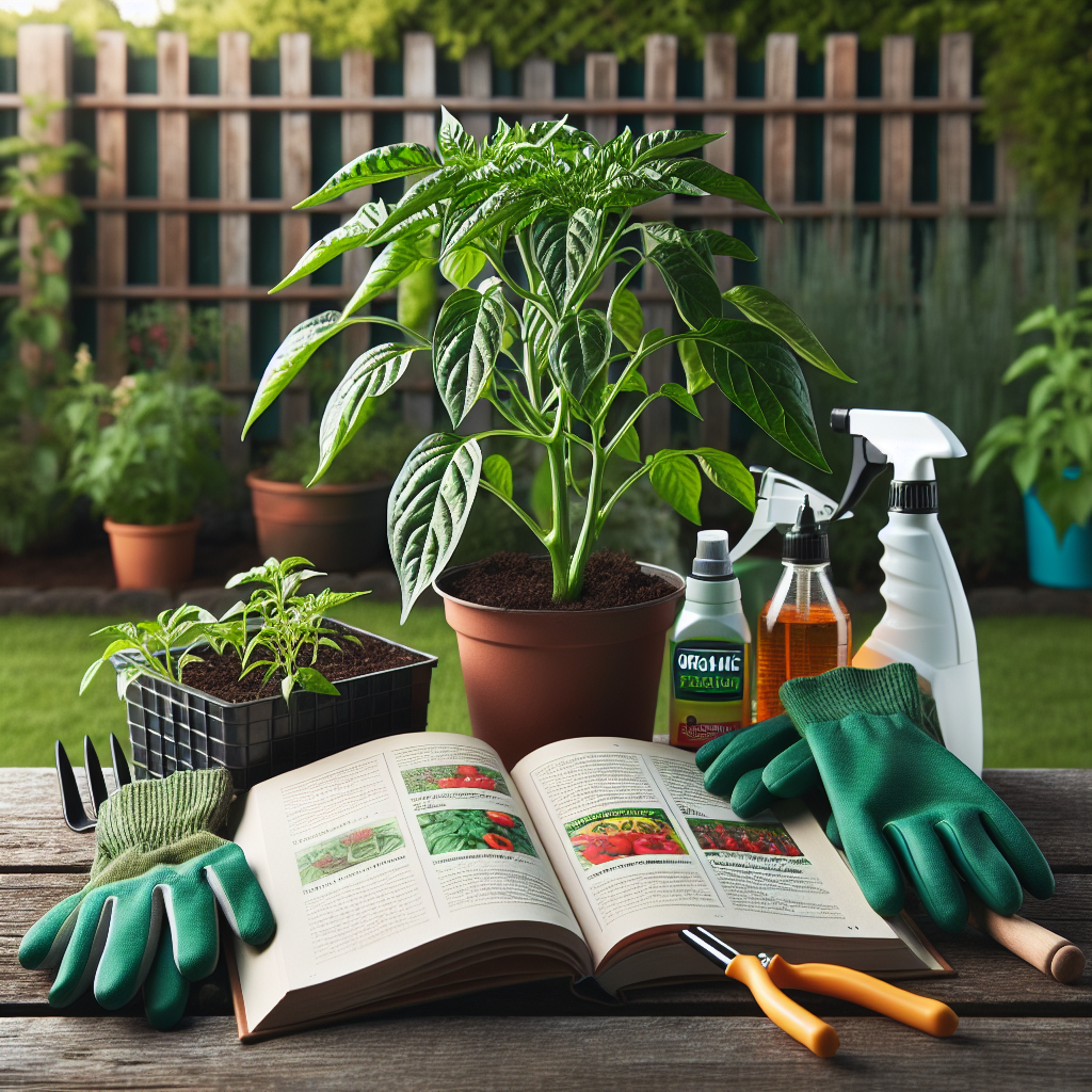 An image showcasing a healthy, lush green pepper plant with no signs of leaf curl virus. Next to it, essential gardening tools like gloves, a spray bottle, organic pesticides, and instructional gardening book should be visible, open to a relevant page about pest control. The setting should be a well-lit outdoor garden with a wooden fence in the background. Everything in the picture should be generic and not have any logos or brand names. The overall atmosphere should be one of care and prevention. Note: We must ensure a complete absence of text in the image.