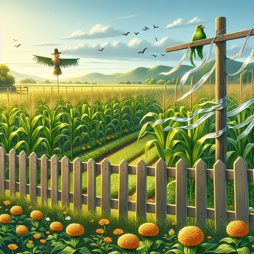 An illustrative picture of an organic, homegrown corn field during the daytime, with a lush, green landscape bathed in warm sunlight. A variety of deterrents are visibly in use, including a bird scare scarecrow, interspersed marigold flowers, and a simple wooden fence surrounding the field. Fluttering, shiny, silver ribbon strips are attached to the fence to scare away pests. Some sweet corn plants are already bearing ripe, yellow cobs. No human figures, text, brand names, or logos are present in the image.