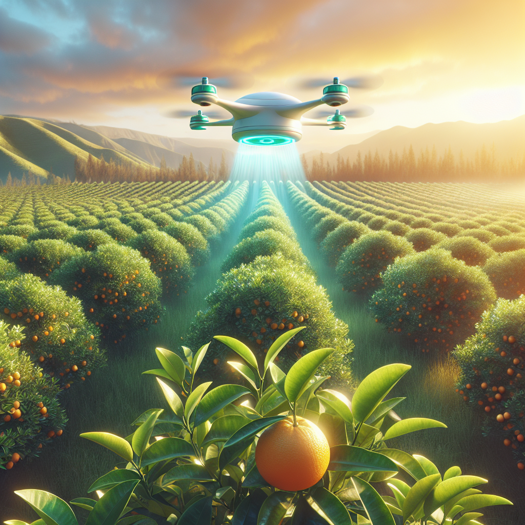 An expansive view of a vast orange grove bathed in vibrant hues of green, the air above vibrating softly with the resonating hum of biological technology. Floating drones patrolling the treetops, meticulously monitoring and spraying a fine mist of eco-friendly, disease-fighting biochemical agents to combat the Citrus Greening Disease. Close look at the leaves, slightly yellowed at the edges being targeted by this measure showing signs of improvement. A healthy orange hanging on a tree in the foreground, symbolizing the successful protection of these precious fruits from the ravages of the disease.