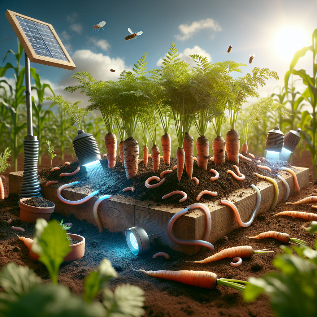 An outdoor garden scene focusing on healthy, vibrant carrot crops growing in rich soil under a bright sunny sky. Scattered around the crops are different wireworm deterrents - a few strategically placed solar-powered insect traps emitting blue light, soil turned over revealing beneficial nematodes, and a simple homemade trap made of a moist wooden board. There are also visual cues demonstrating the use of crop rotation, as evidenced by the presence of unrelated crops such as corn plants in the background.