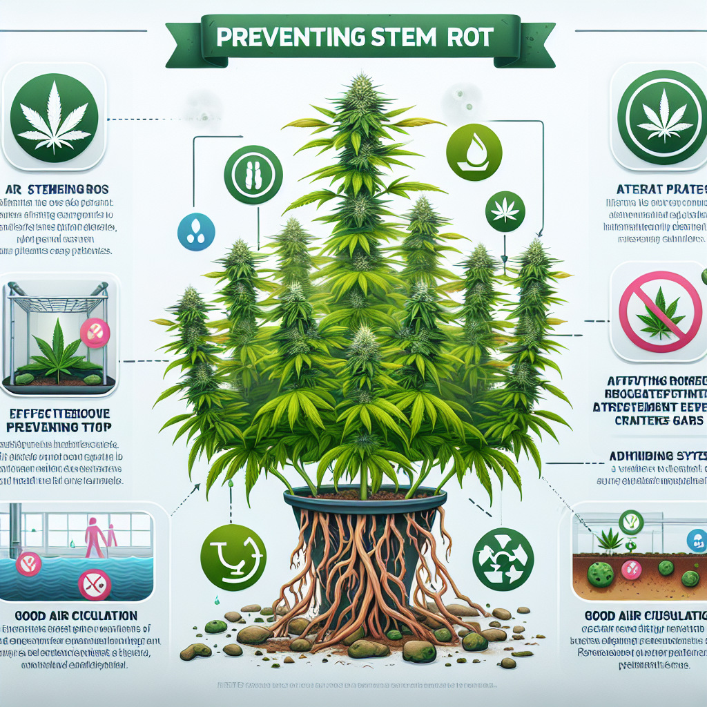 A detailed and informative visual aid for an article about preventing stem rot in cannabis plants. The image should include an array of healthy, green cannabis plants, demonstrating ideal care conditions. Additionally, depict warning signs of stem rot, such as discolored and wilted parts. Also include indicators for effective preventive measures, such as good air circulation setup and adequate watering system, but without featuring any humans, text, logos or brand names within the image.