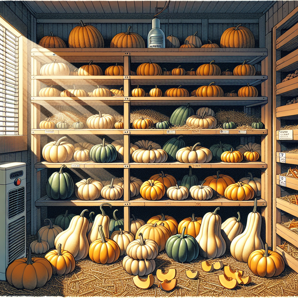 Illustration of a well-ventilated storage room filled with various varieties of winter squash, like butternut and acorn variety. Each squash is arranged neatly, spaced apart to allow airflow. The room has slotted wooden shelves for breathability, and a small dehumidifier present in the corner. On the ground, there's a layer of straw to absorb any excess moisture. The lighting is soft, coming from a single incandescent bulb, casting long shadows and highlighting the color and texture of the squash. The environment is quiet and clean, giving a sense of calm and organization.